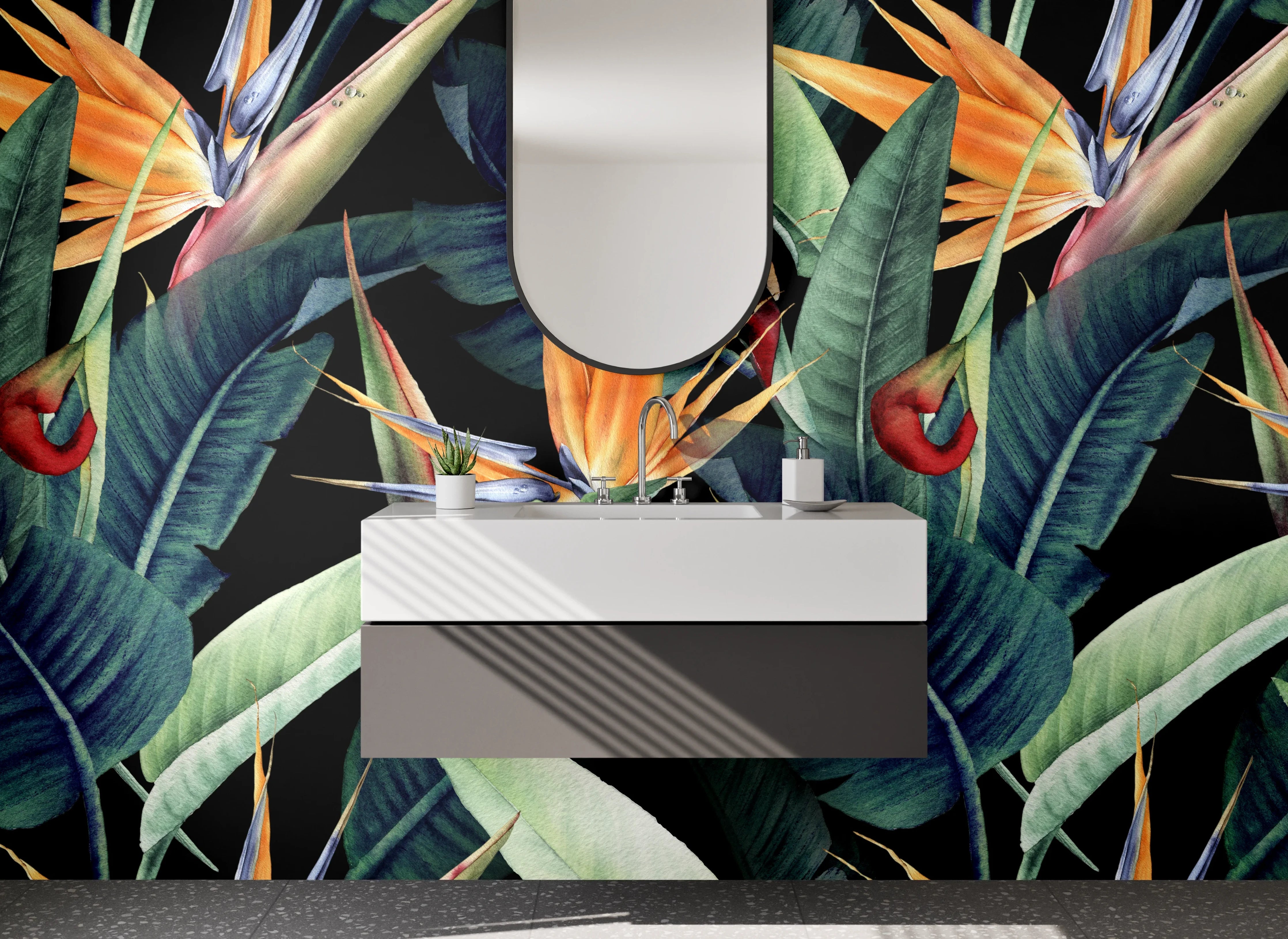 Waschbecken-Rückwand - Exotische Dschungelblätter und Paradiesvögel