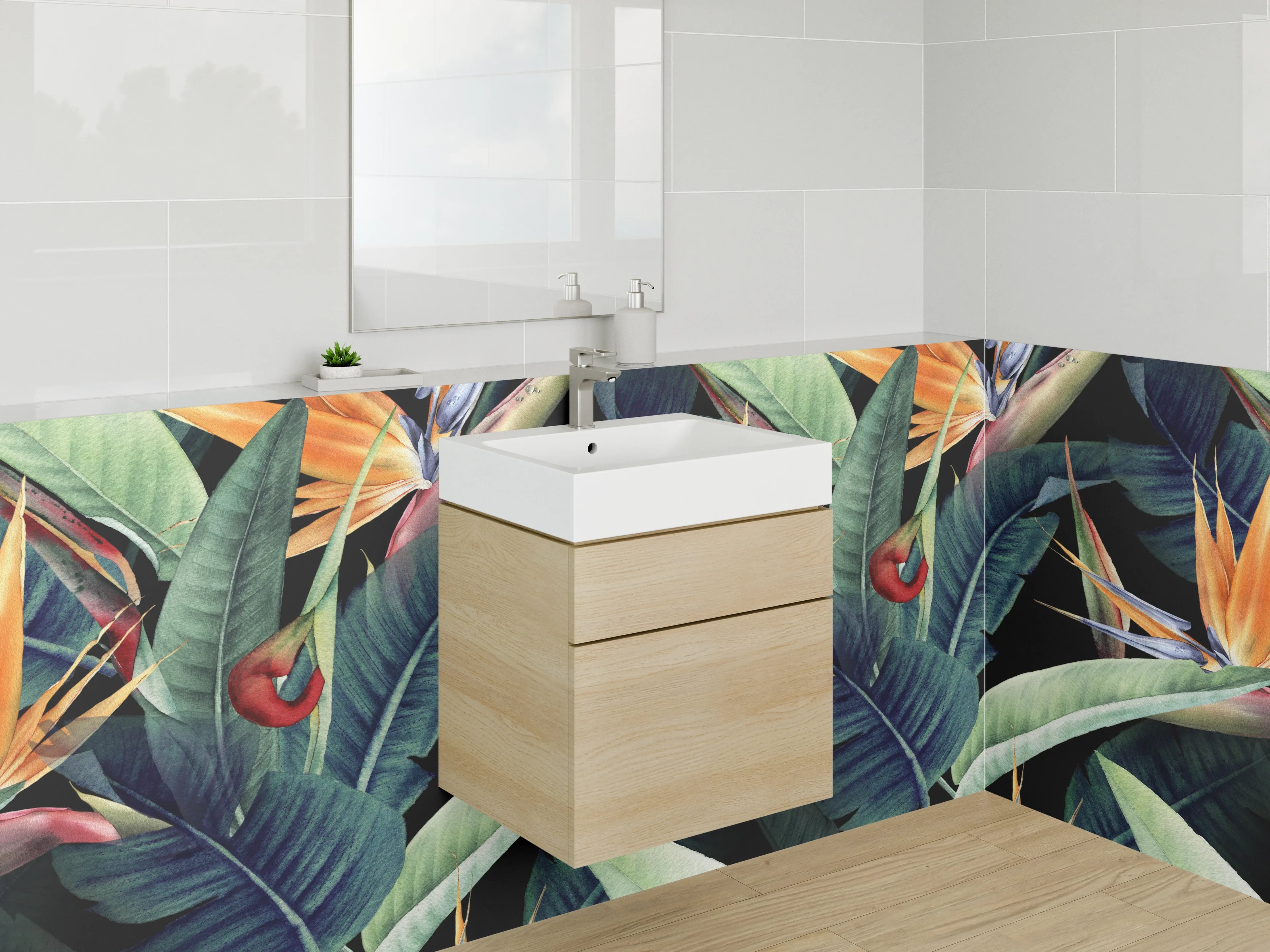 Waschbecken-Rückwand - Exotische Dschungelblätter und Paradiesvögel
