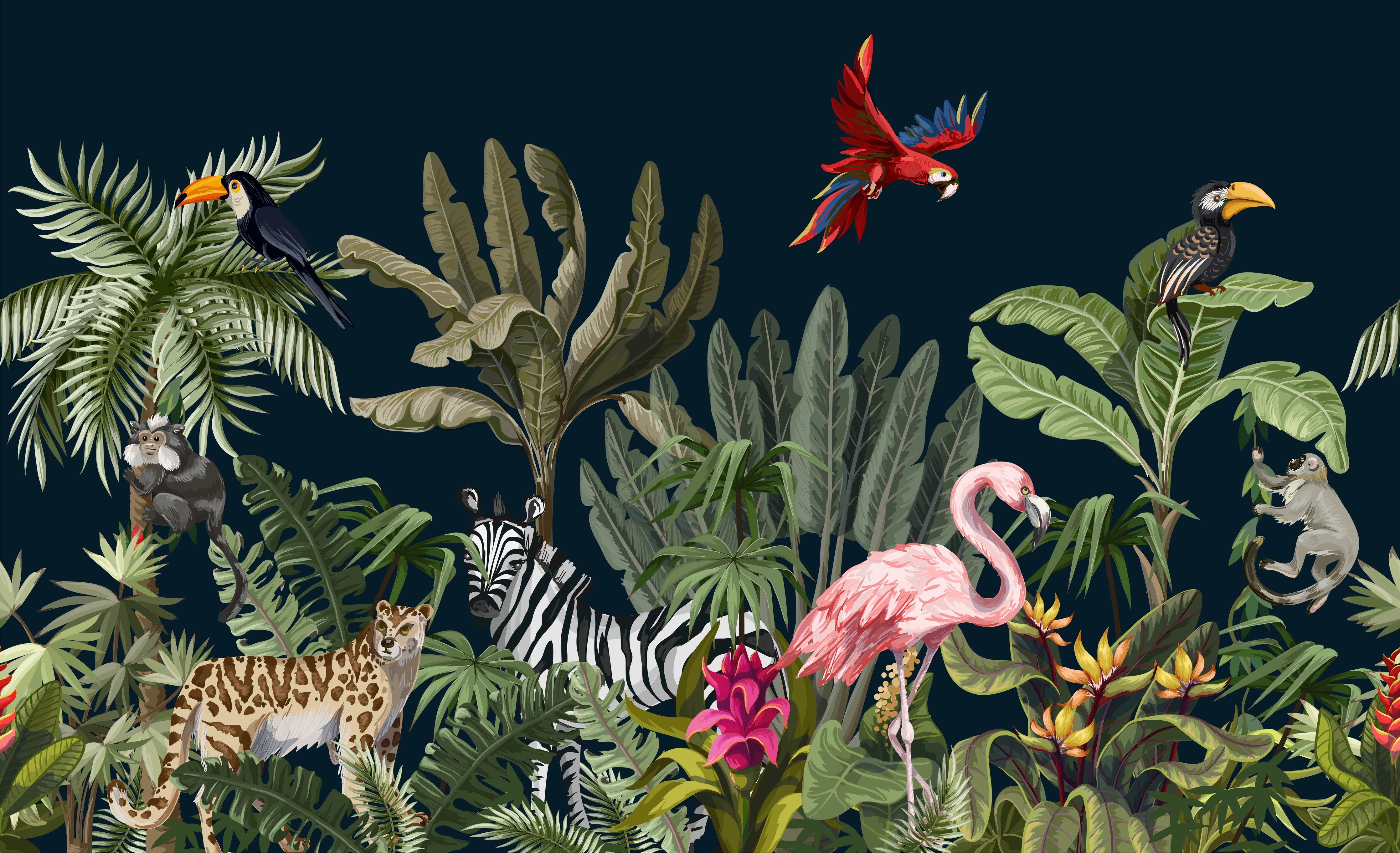 Waschbecken-Rückwand-Exotische Dschungeltiere Illustration