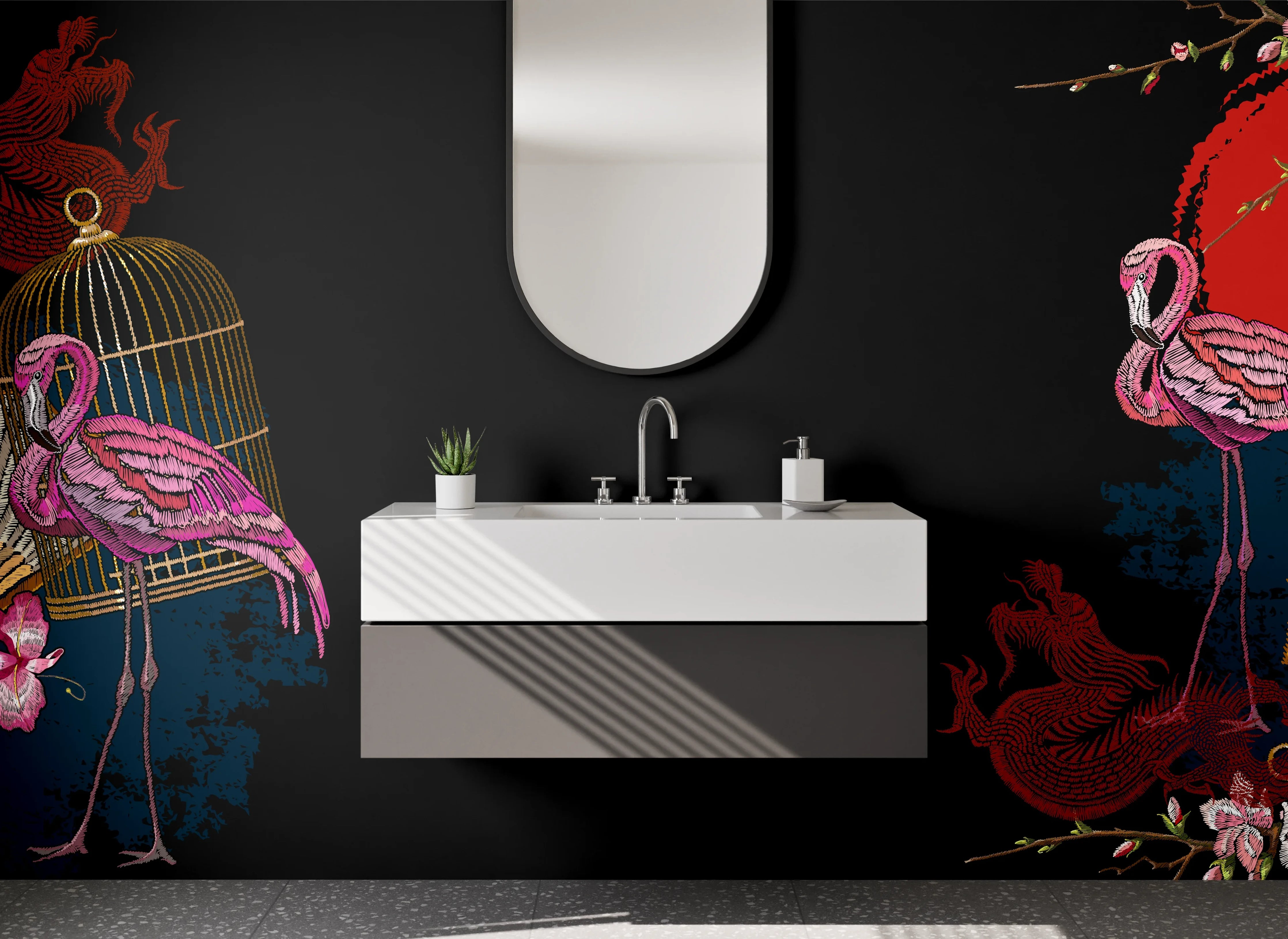 Waschbecken-Rückwand - Exotische Flamingos & Fächer auf Schwarz