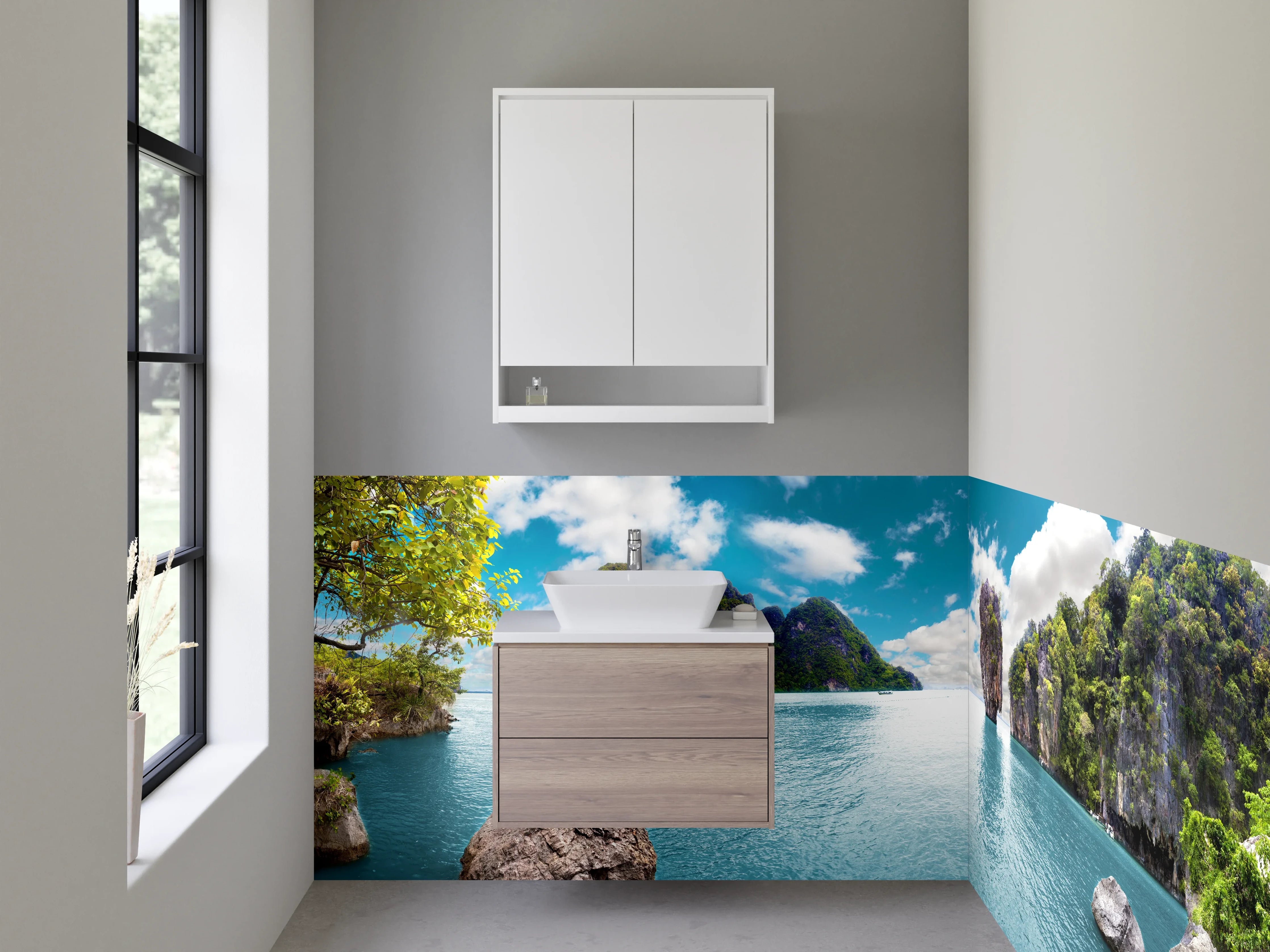 Waschbecken-Rückwand - Exotische Inselküste mit Felsen und Meer