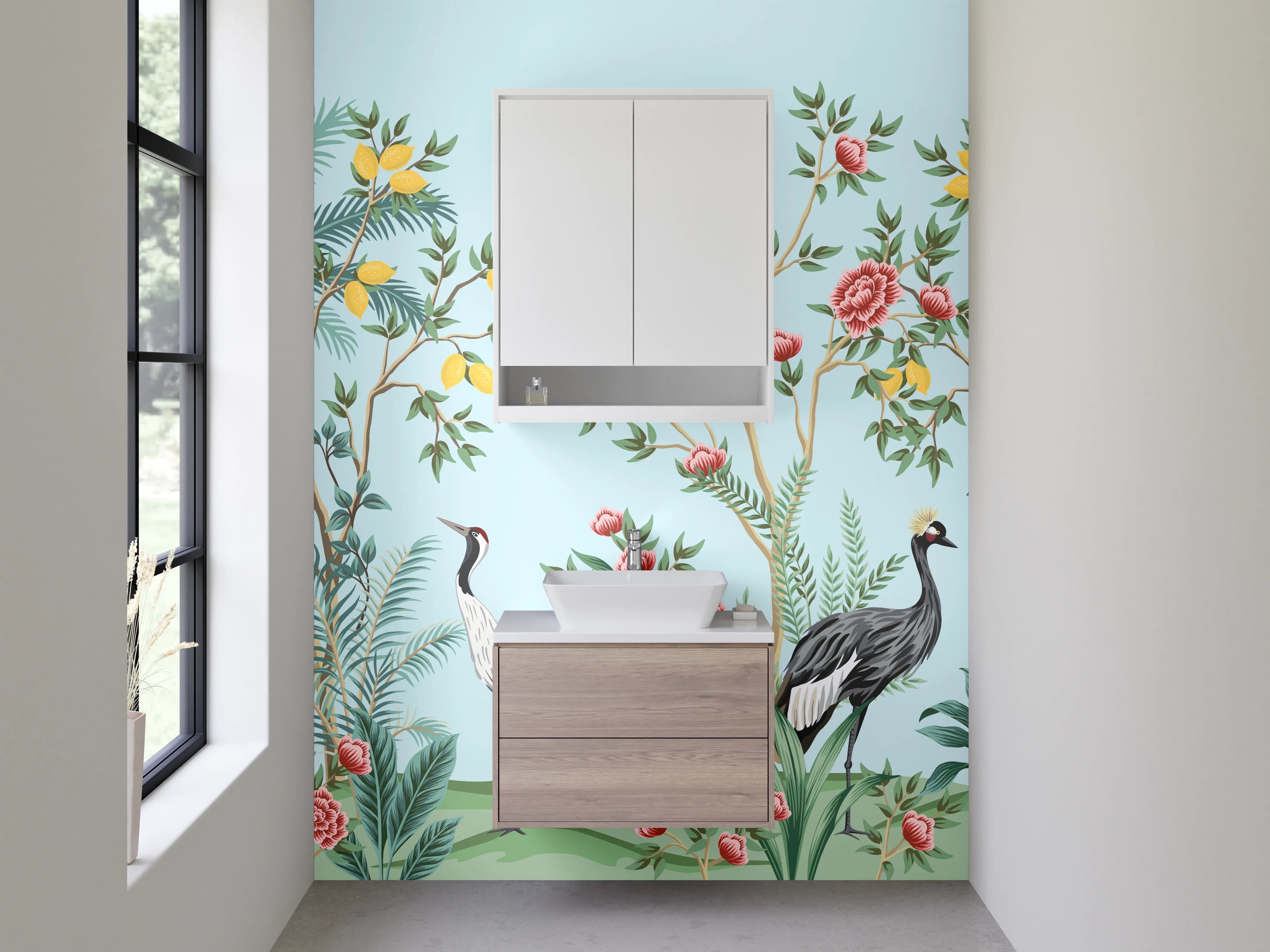 Waschbecken-Rückwand - Exotische Kraniche & Blumenpracht Illustration