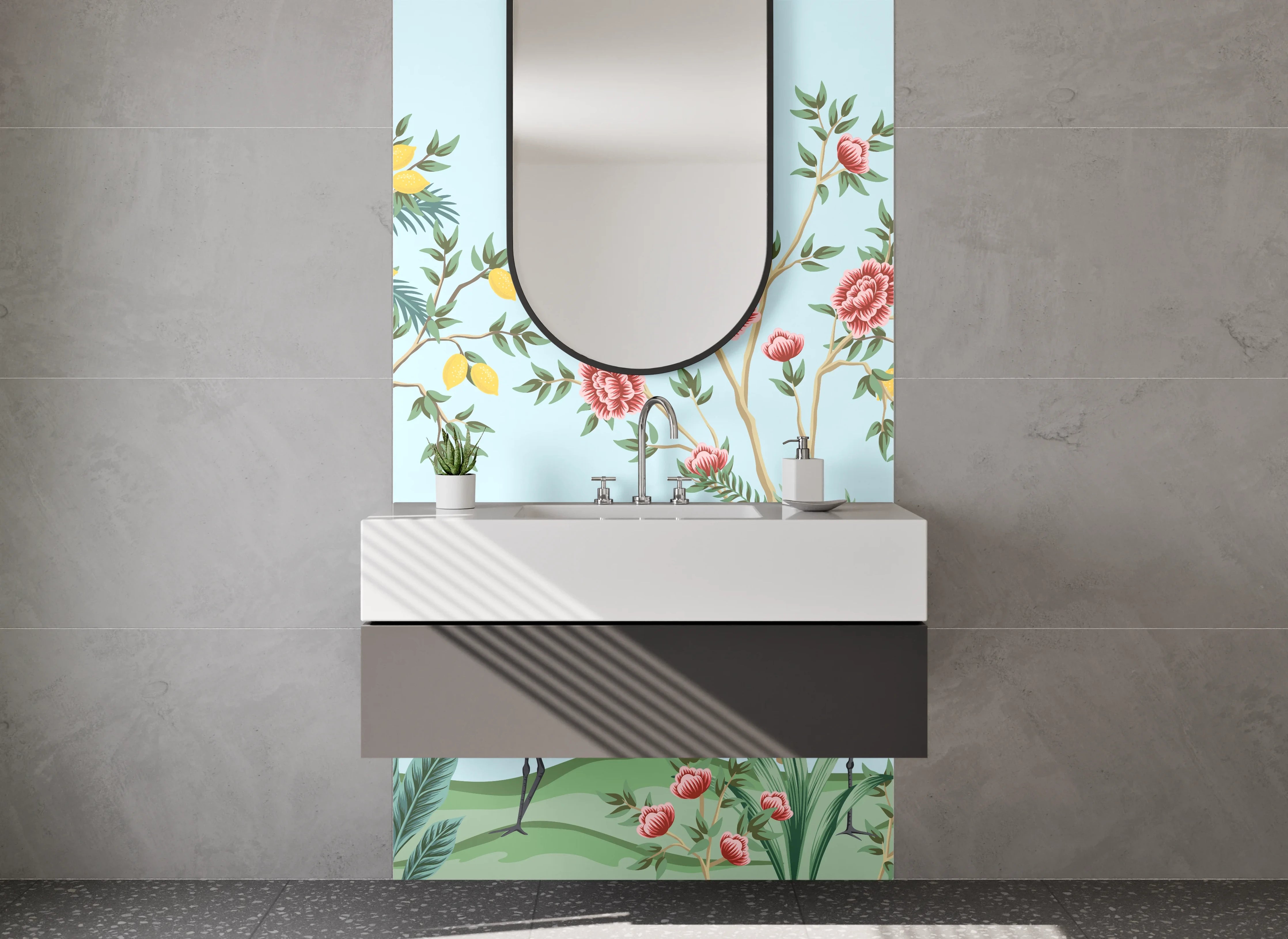 Waschbecken-Rückwand - Exotische Kraniche & Blumenpracht Illustration