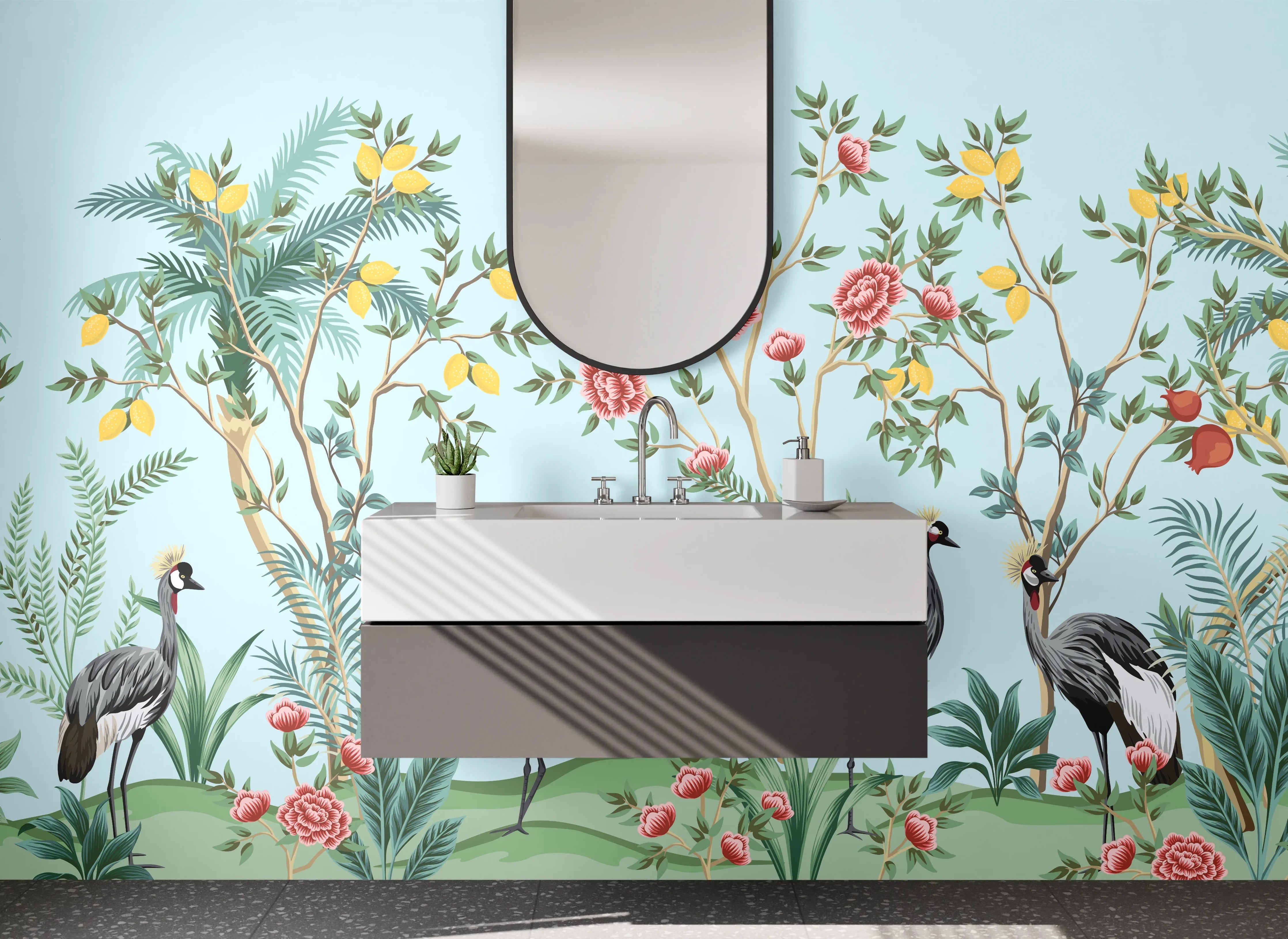 Waschbecken-Rückwand - Exotische Kraniche & Blumenpracht Illustration