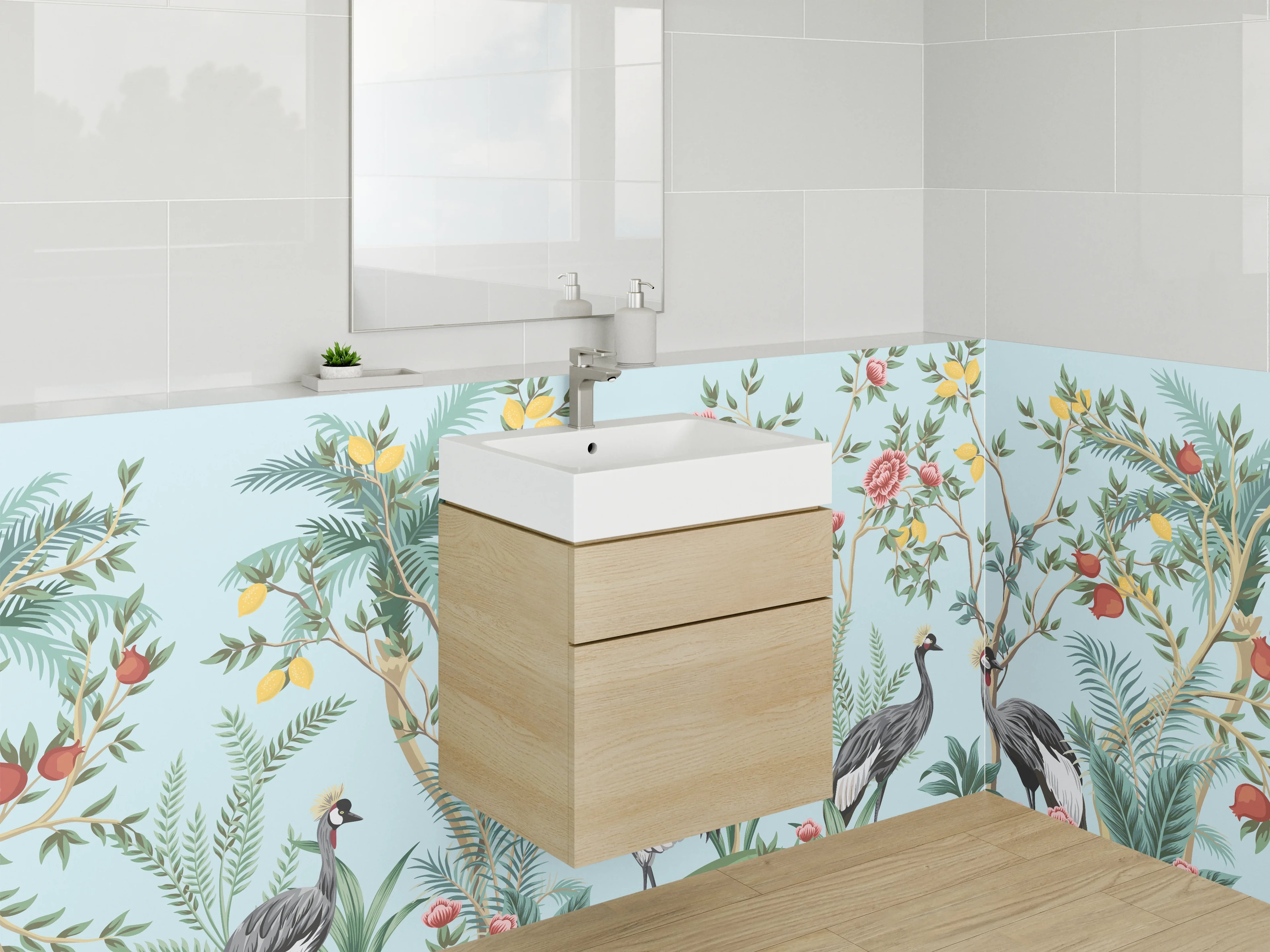 Waschbecken-Rückwand - Exotische Kraniche & Blumenpracht Illustration
