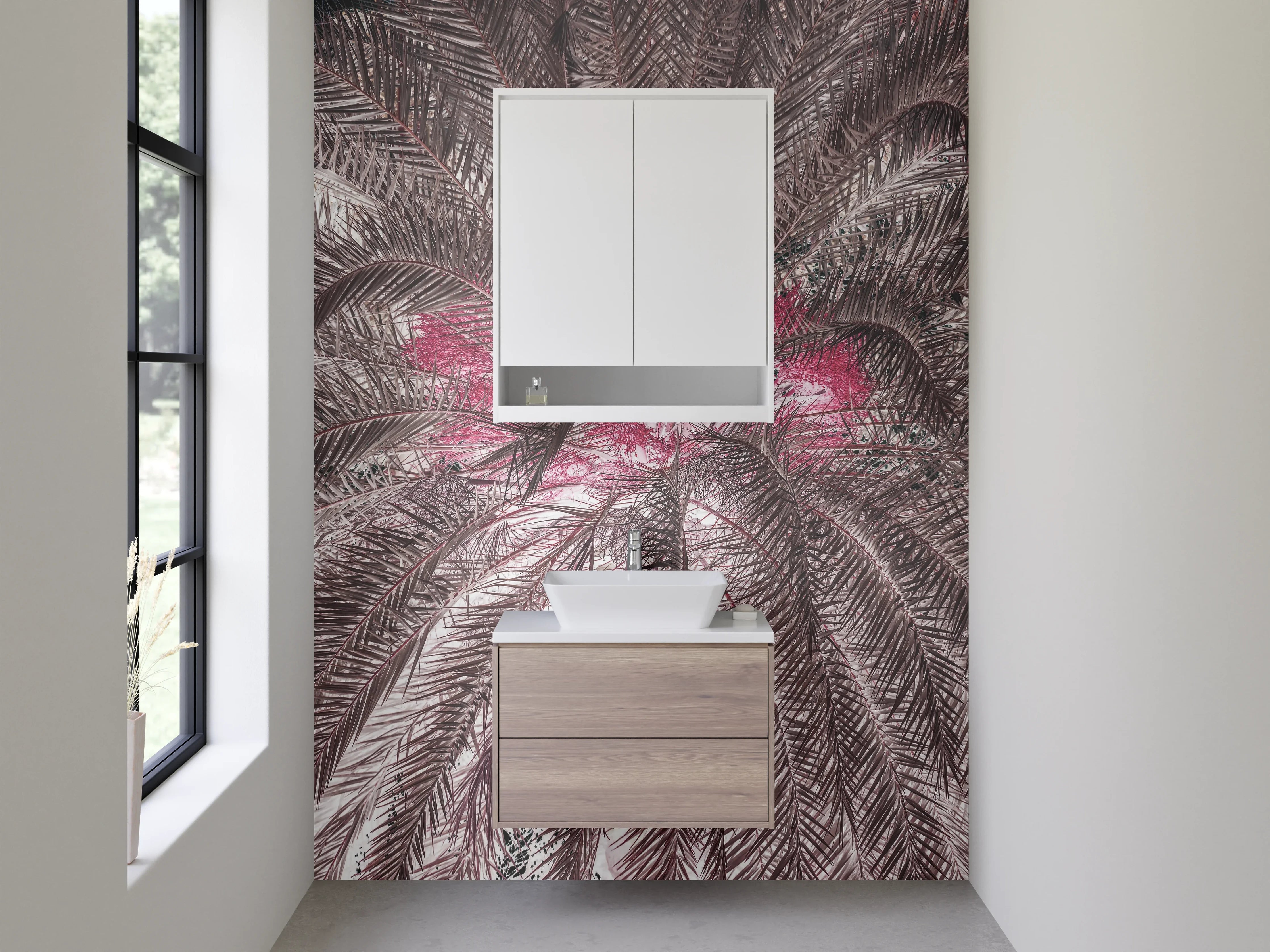 Waschbecken-Rückwand - Exotische Palmenfeder-Optik Rosa Braun