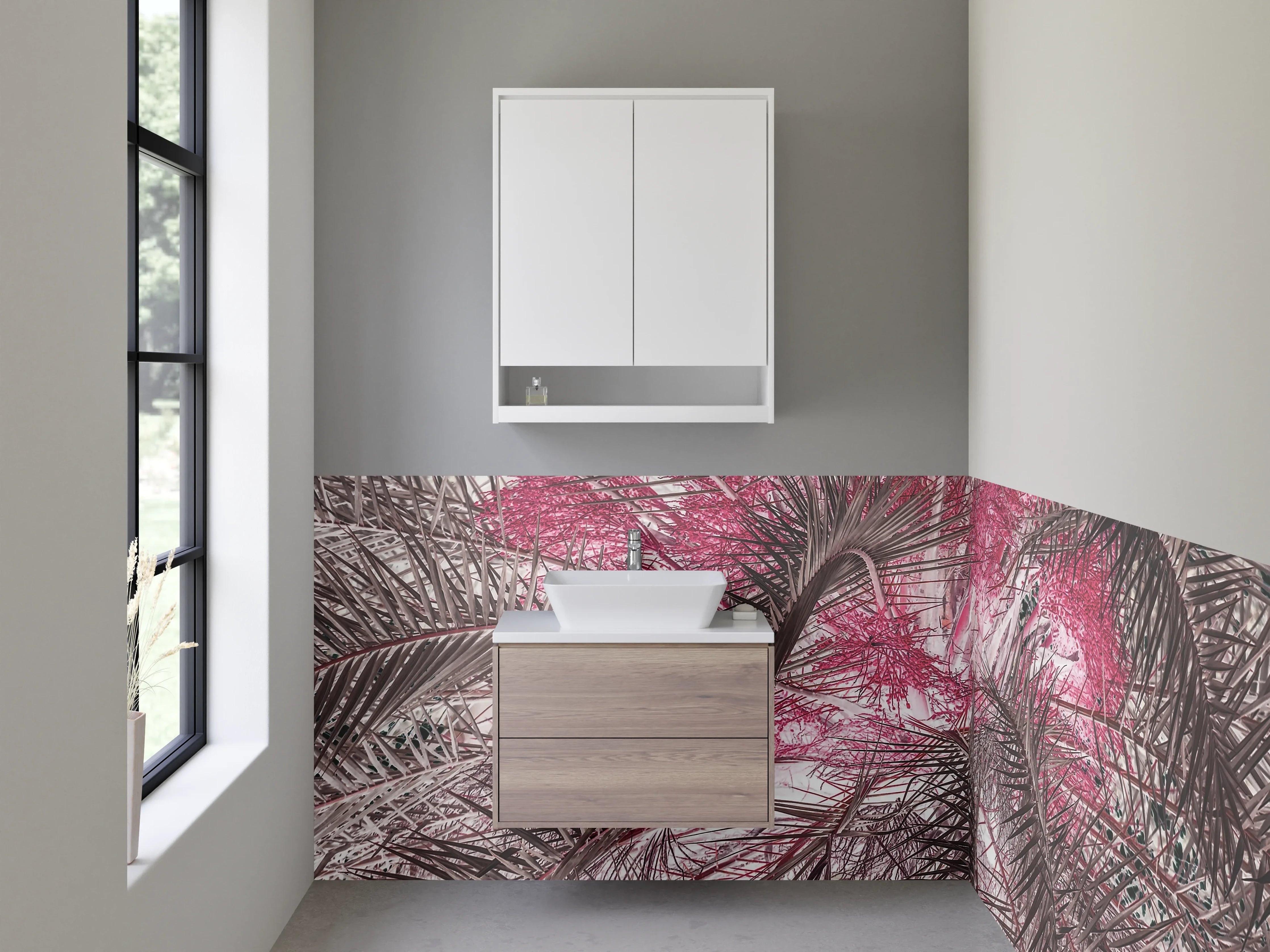 Waschbecken-Rückwand - Exotische Palmenfeder-Optik Rosa Braun