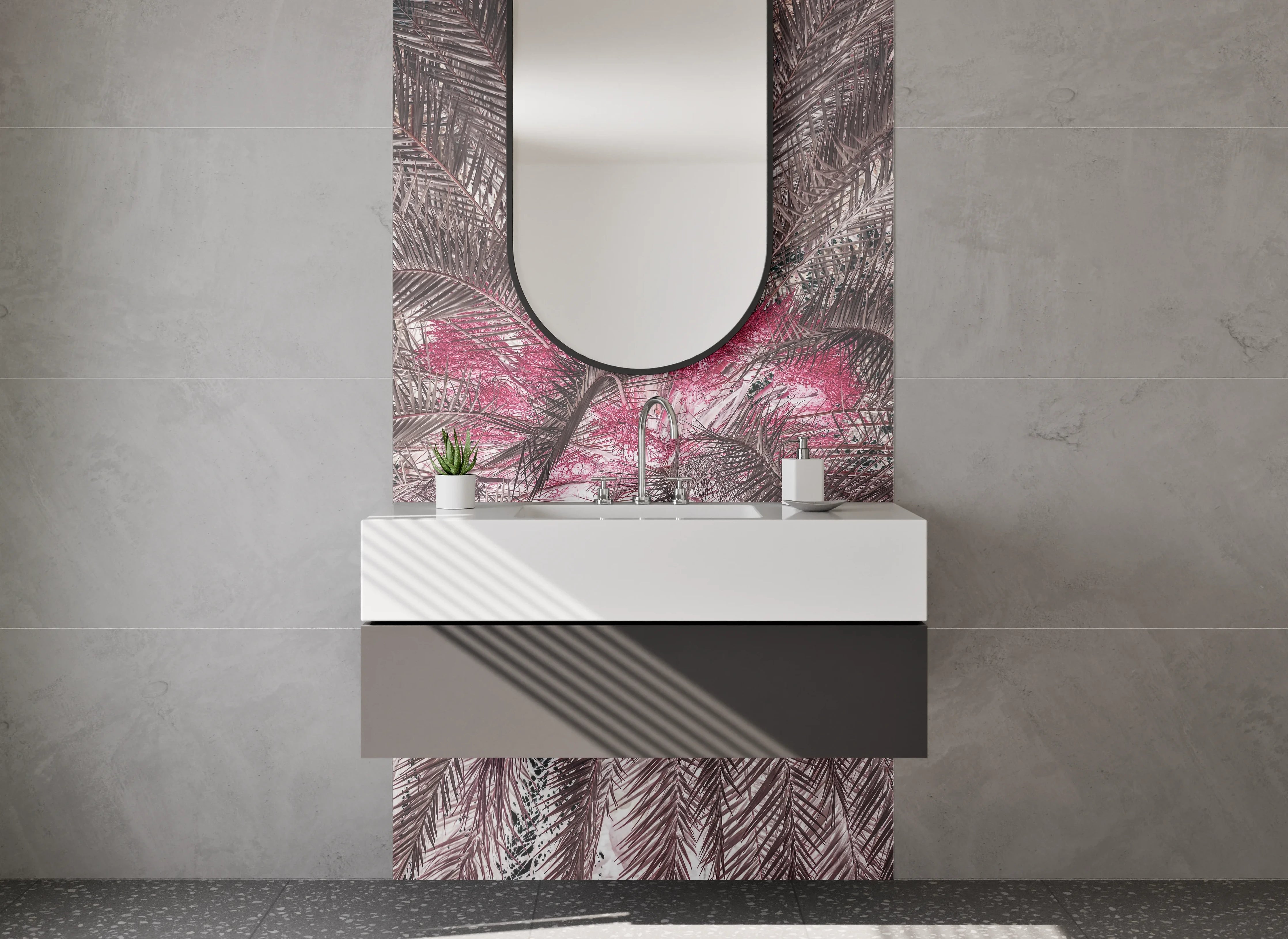 Waschbecken-Rückwand - Exotische Palmenfeder-Optik Rosa Braun
