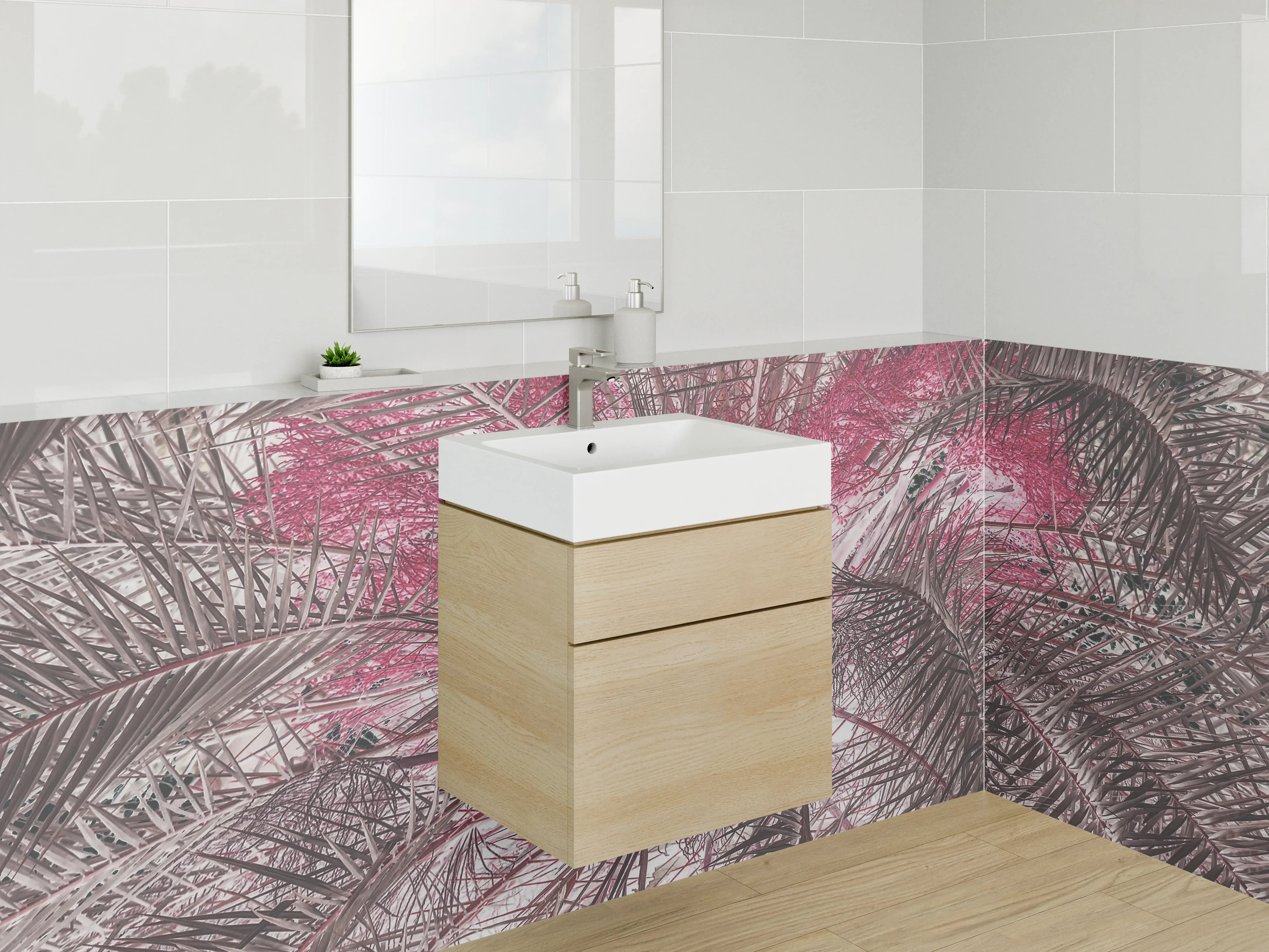 Waschbecken-Rückwand - Exotische Palmenfeder-Optik Rosa Braun