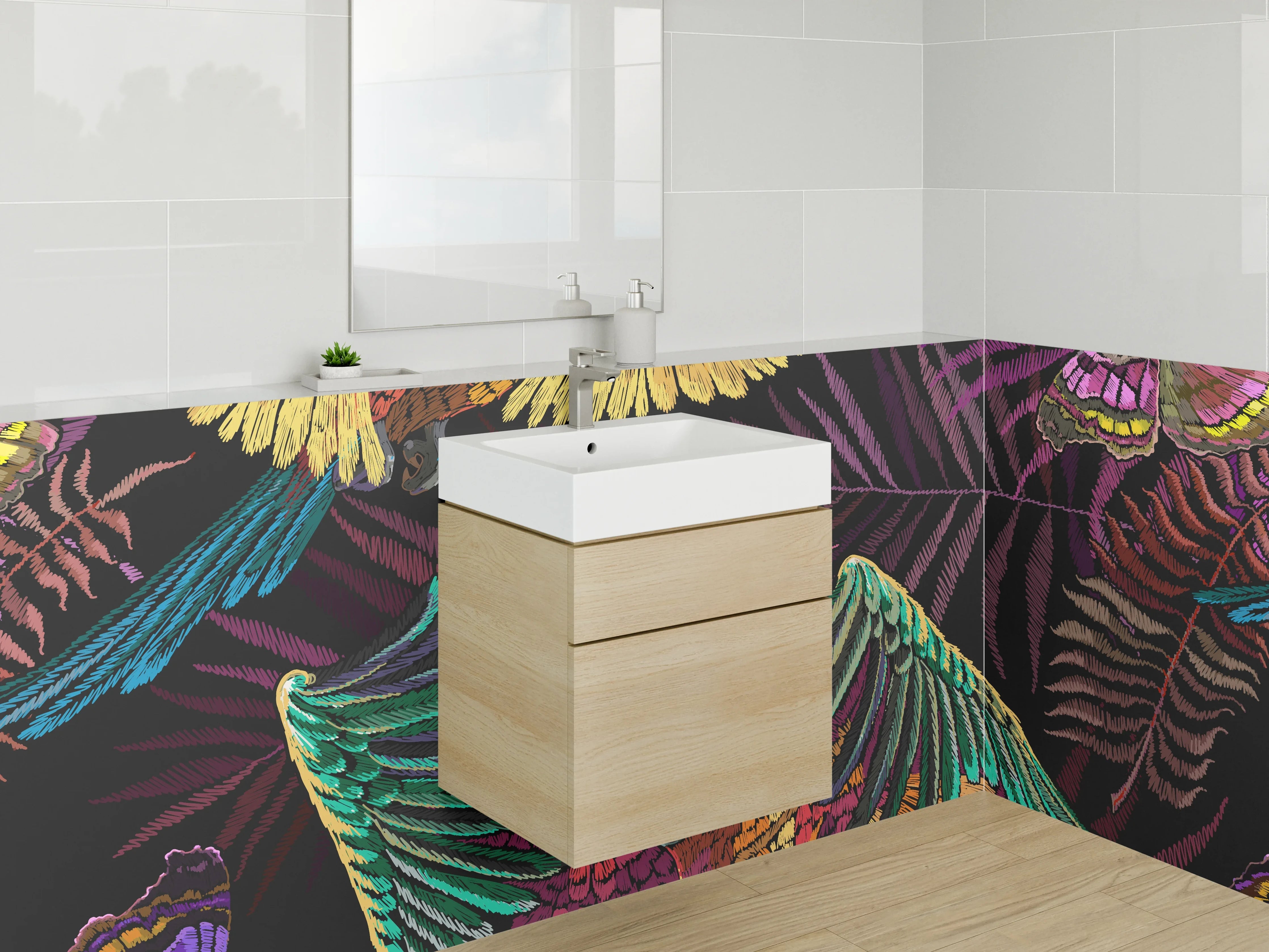 Waschbecken-Rückwand - Exotische Papageien & Schmetterlinge Illustration