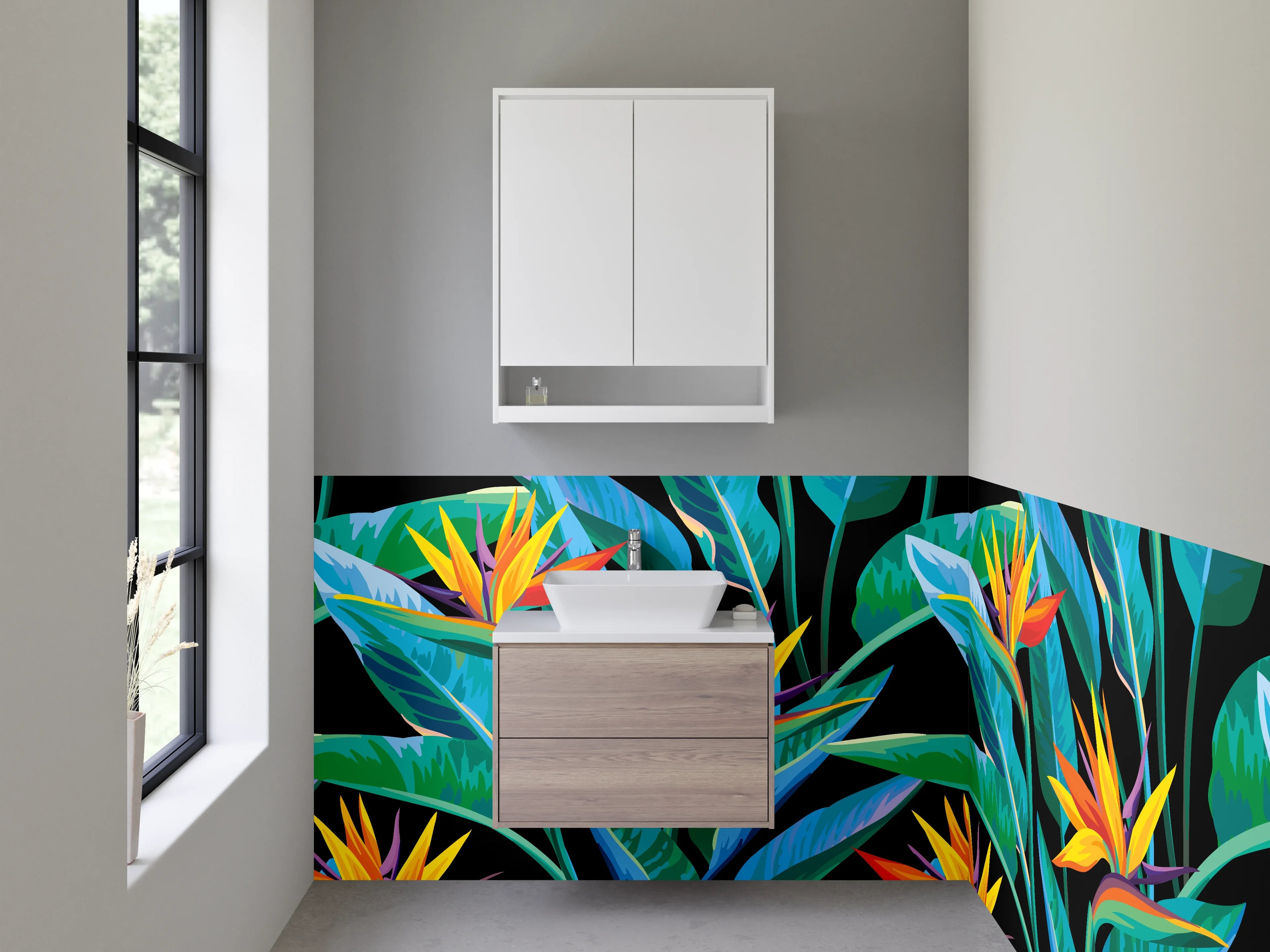 Waschbecken-Rückwand - Exotische Paradiesvogel-Blume Muster