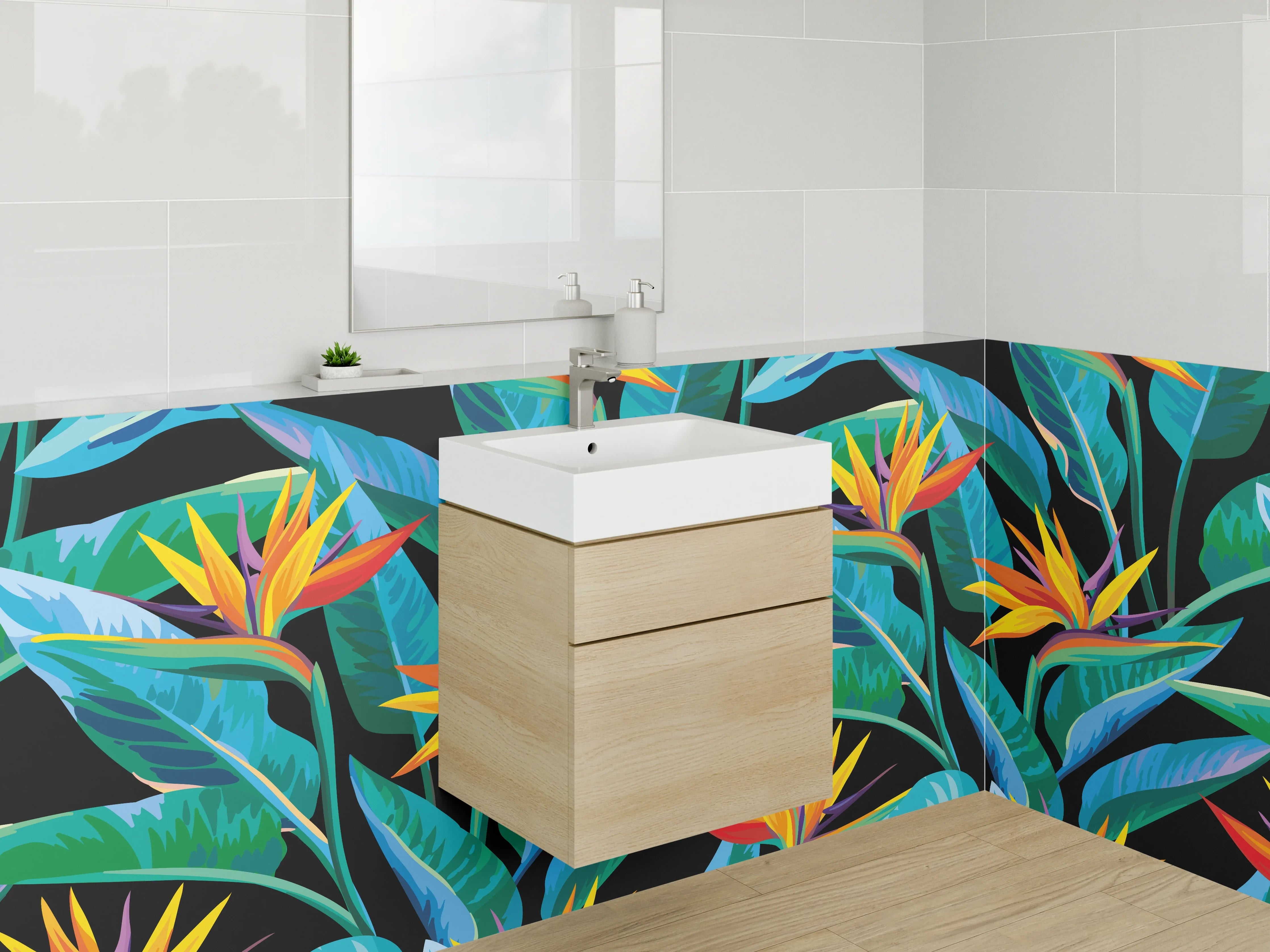 Waschbecken-Rückwand - Exotische Paradiesvogel-Blume Muster
