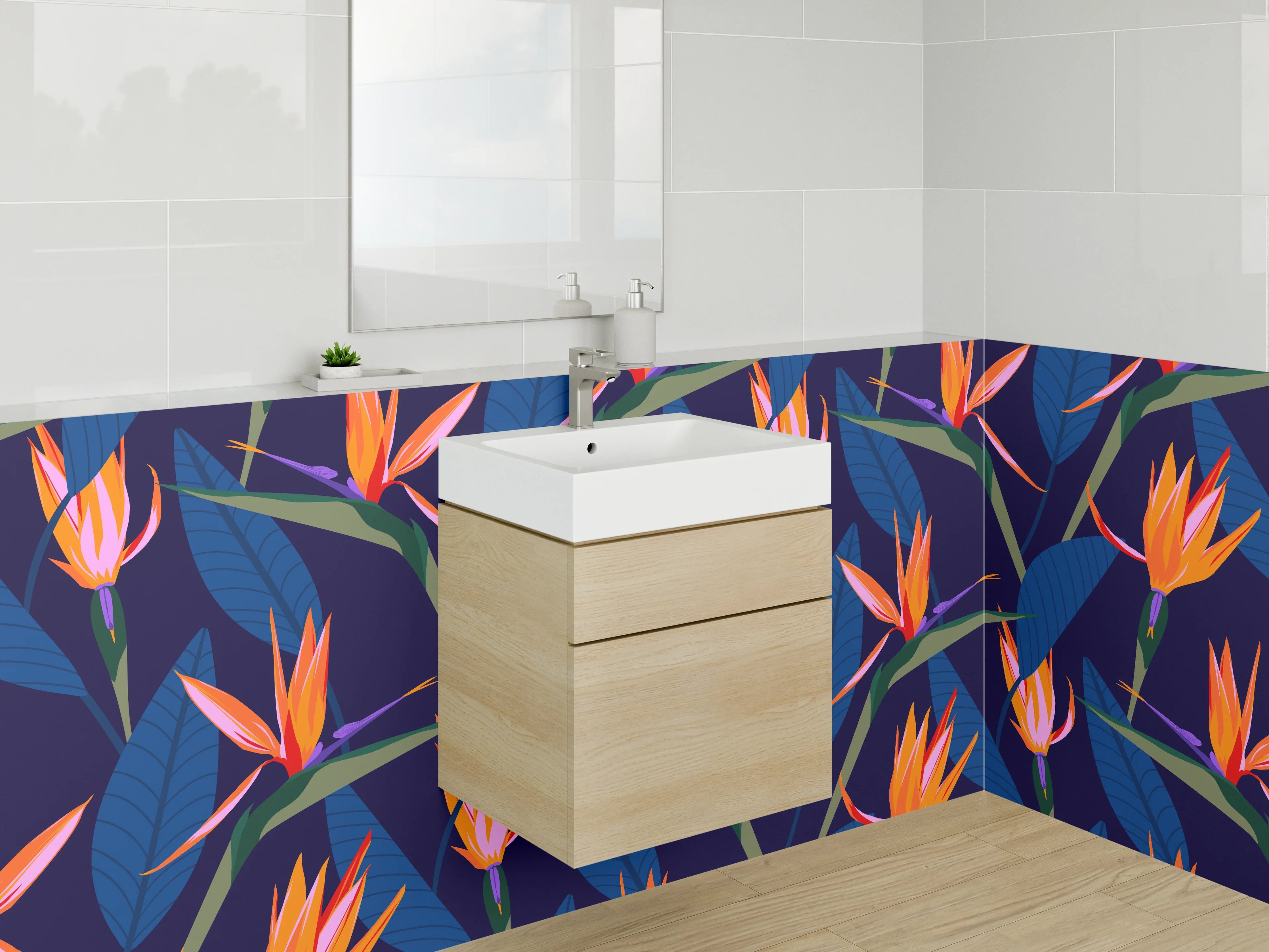Waschbecken-Rückwand - Exotische Paradiesvogel-Blumen Muster