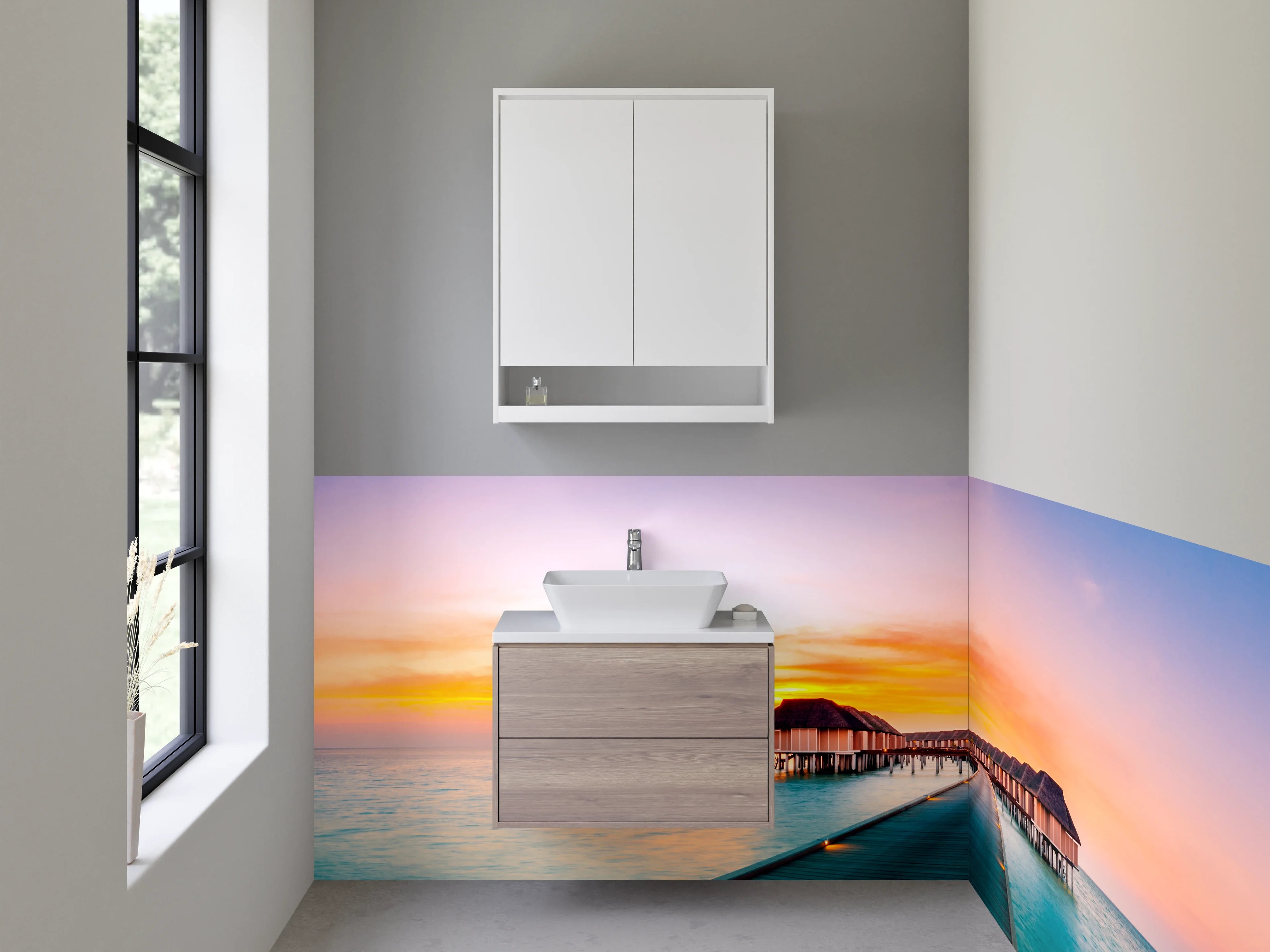 Waschbecken-Rückwand - Exotische Sonnenuntergangs-Oase Wasserbungalows