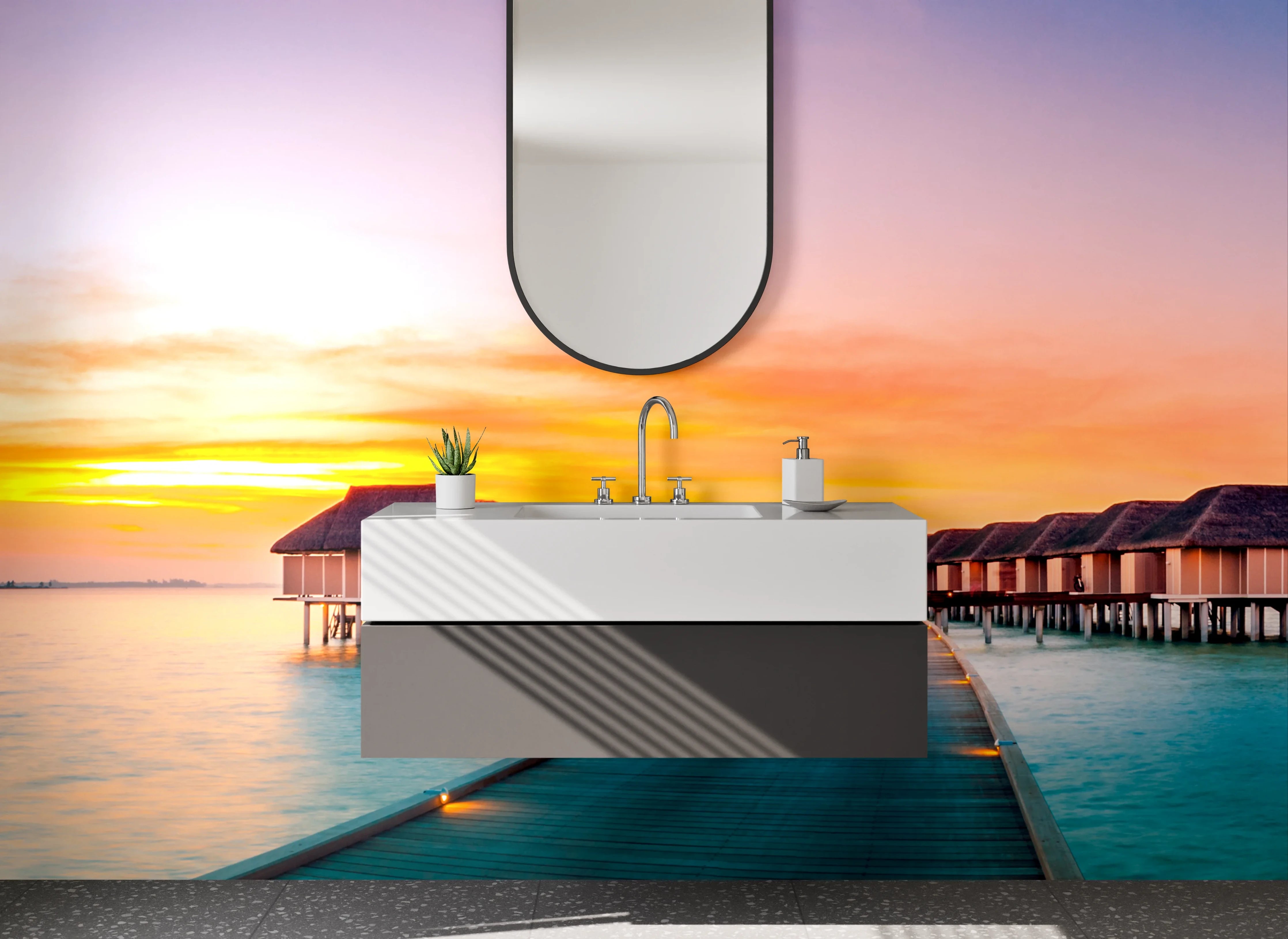 Waschbecken-Rückwand - Exotische Sonnenuntergangs-Oase Wasserbungalows