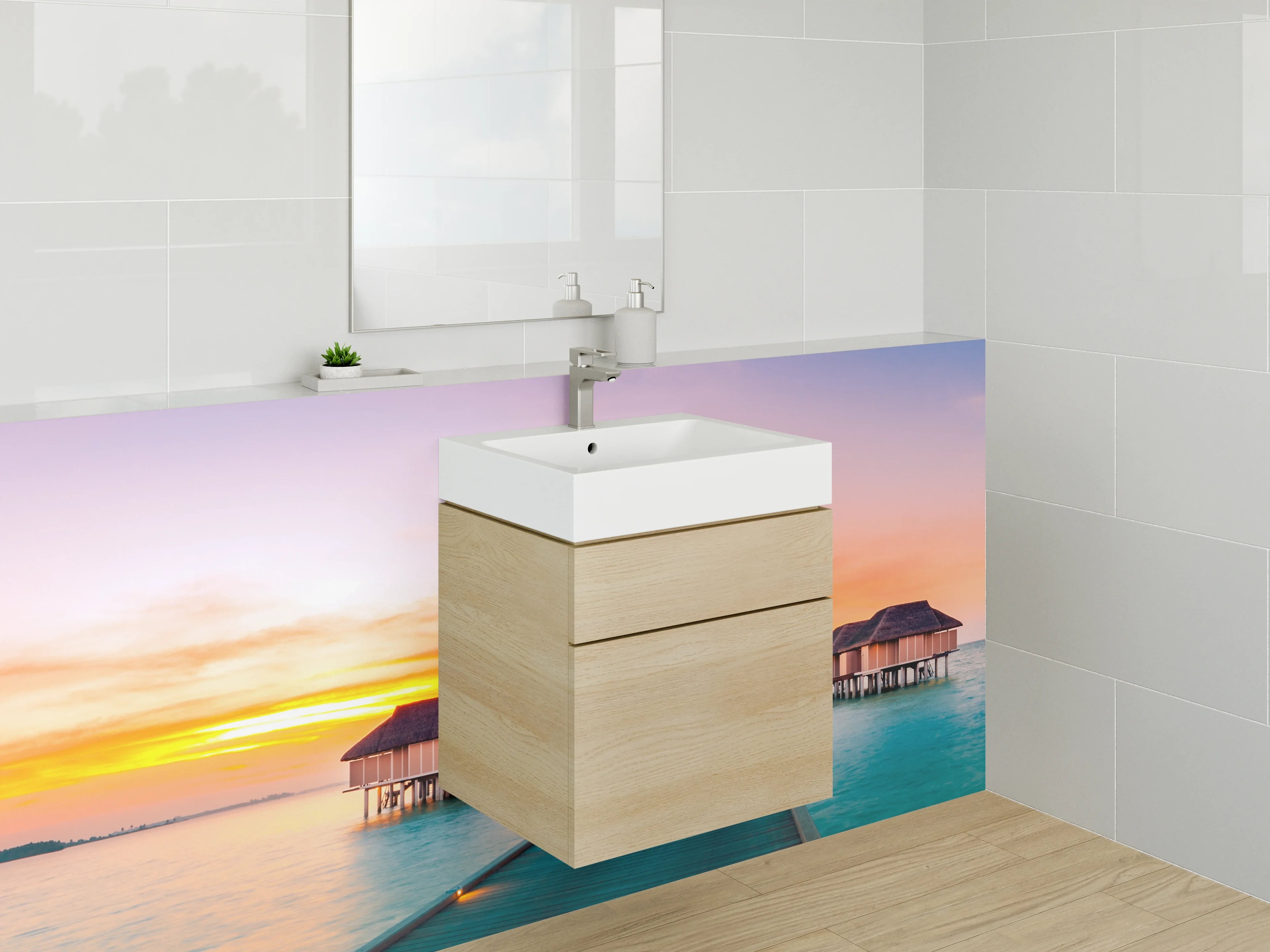 Waschbecken-Rückwand - Exotische Sonnenuntergangs-Oase Wasserbungalows
