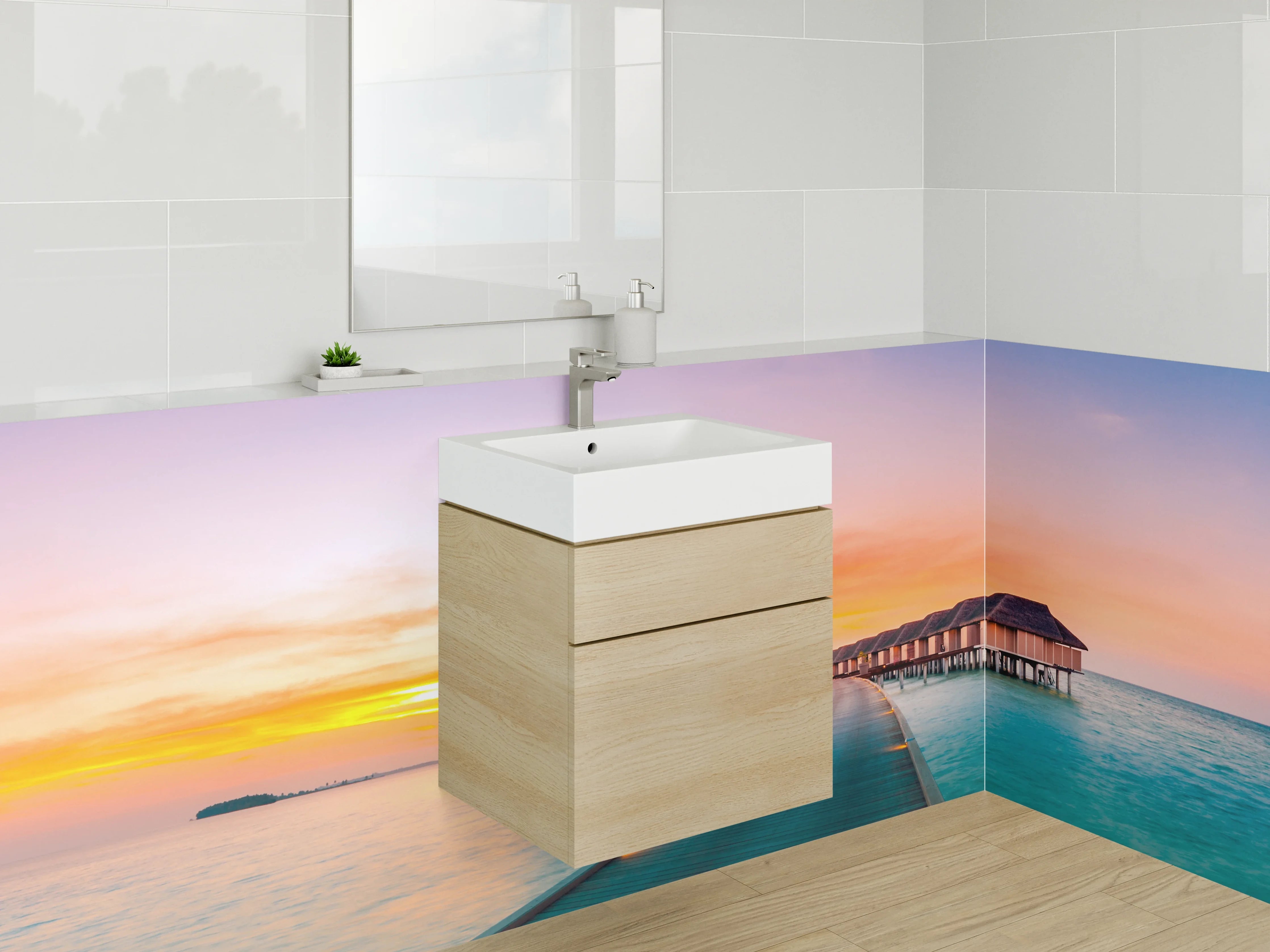 Waschbecken-Rückwand - Exotische Sonnenuntergangs-Oase Wasserbungalows