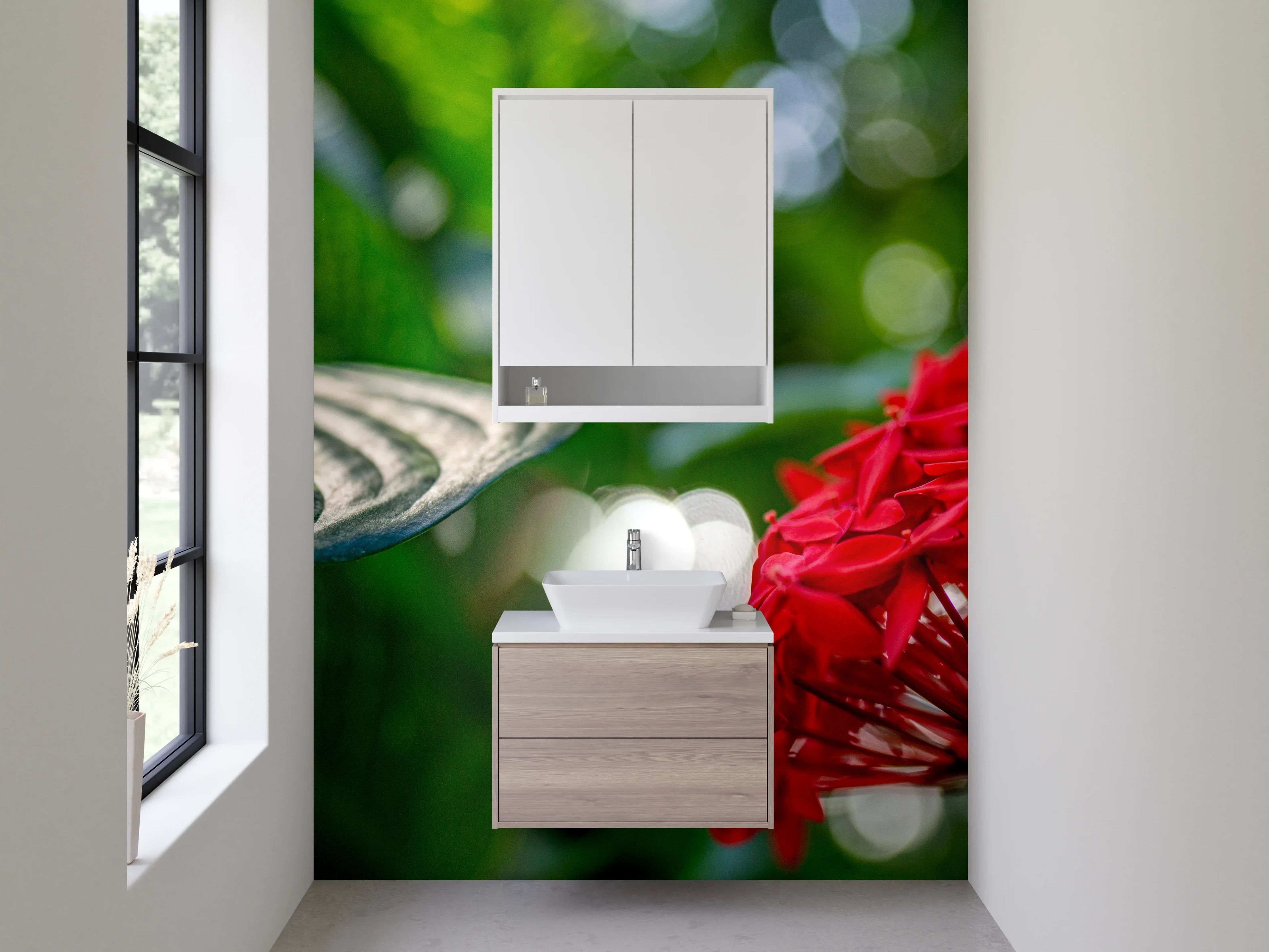 Waschbecken-Rückwand - Exotische rote Dschungelblüte Kunstfoto