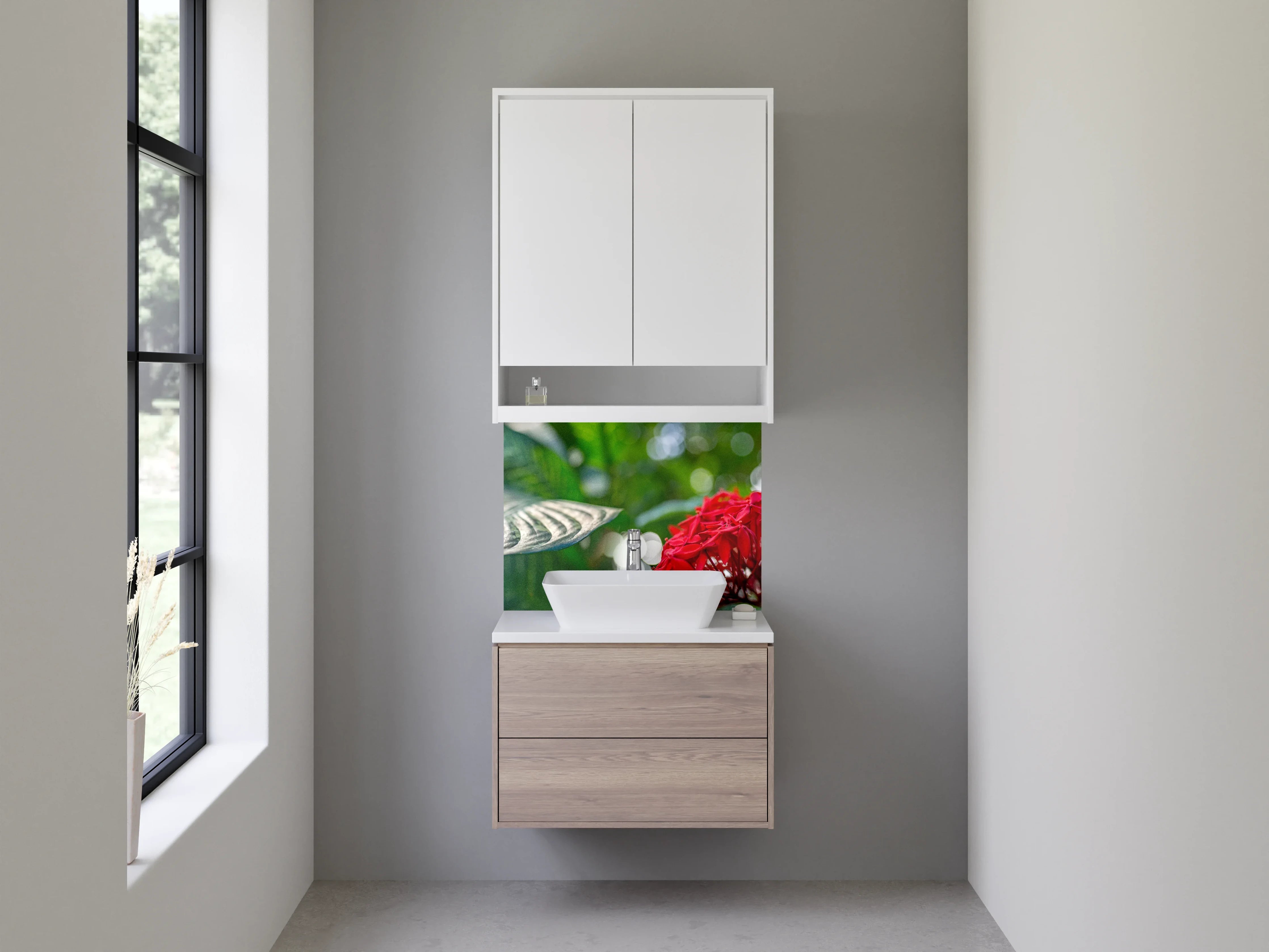 Waschbecken-Rückwand - Exotische rote Dschungelblüte Kunstfoto