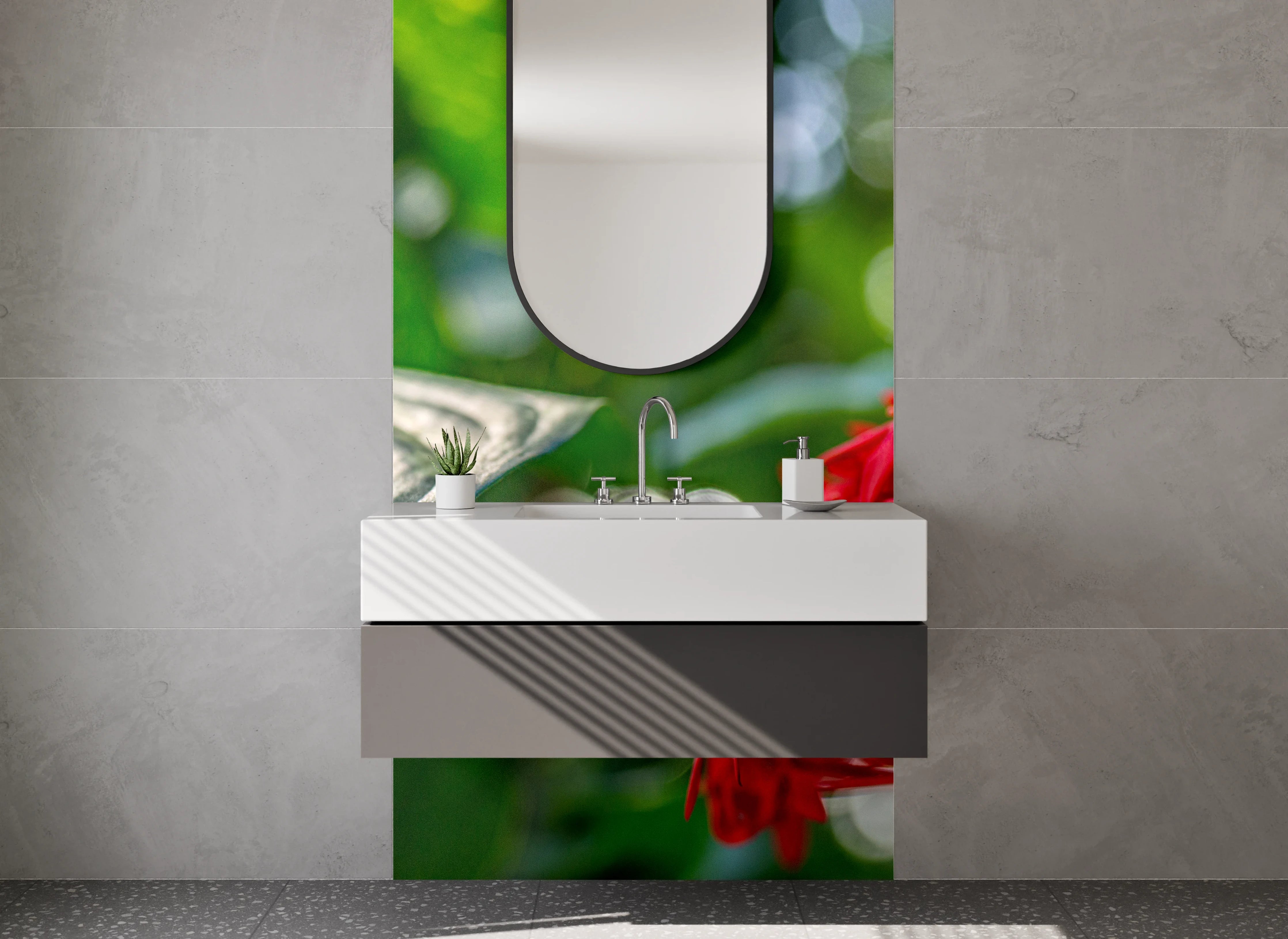 Waschbecken-Rückwand - Exotische rote Dschungelblüte Kunstfoto