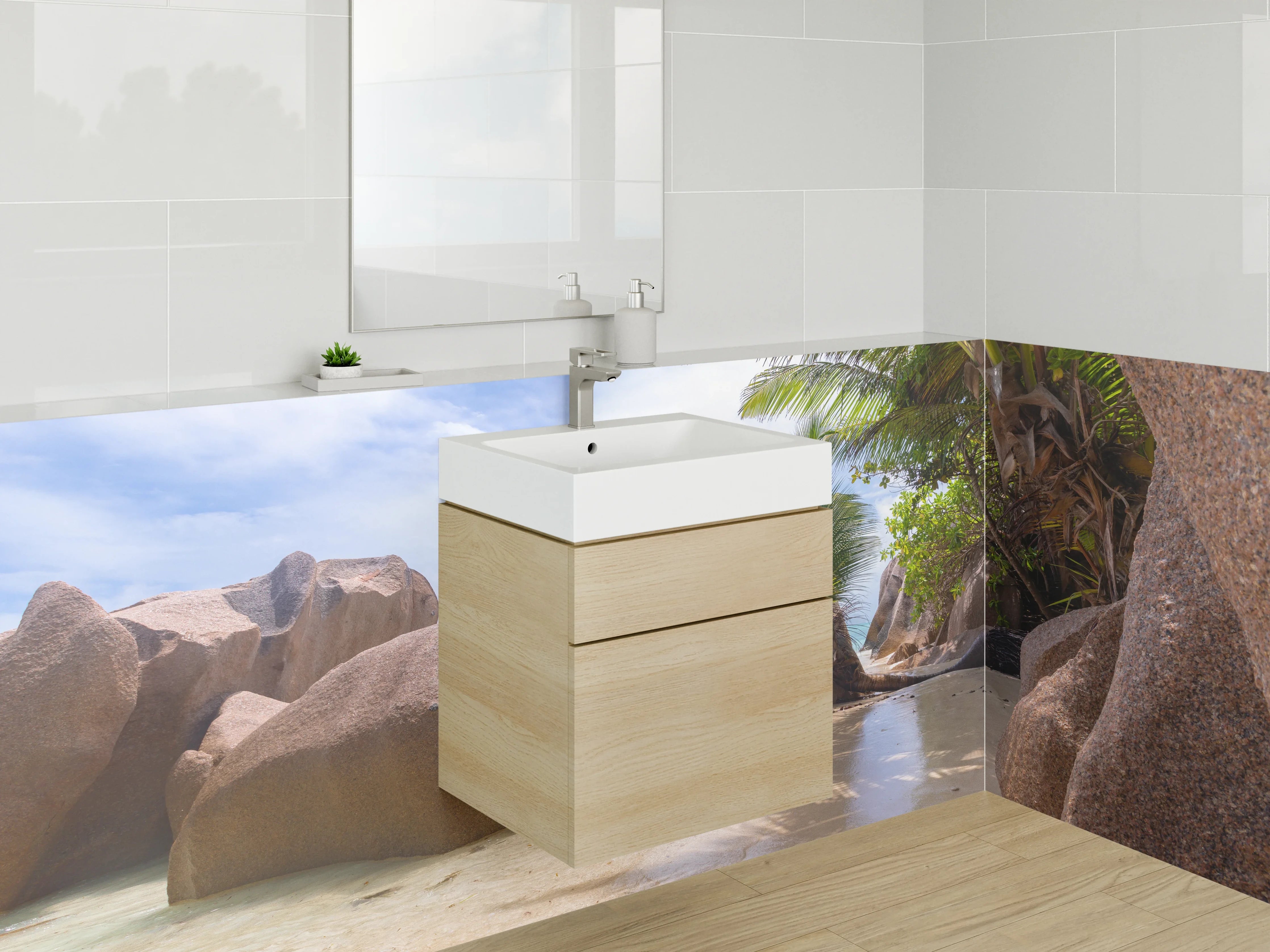 Waschbecken-Rückwand - Exotischer Strand mit Granitfelsen