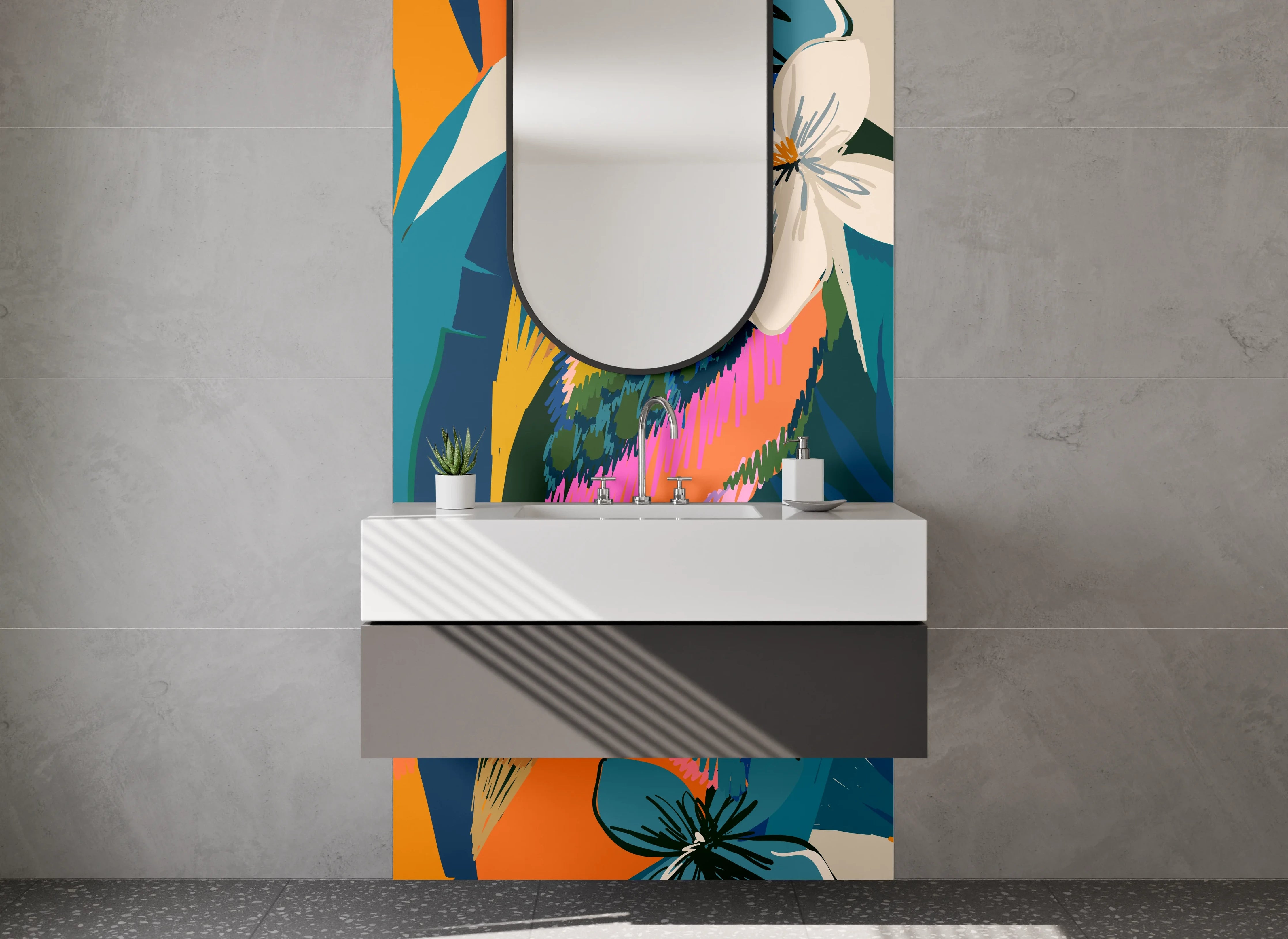 Waschbecken-Rückwand - Exotisches Blumen-Muster Tropisch Pop Art