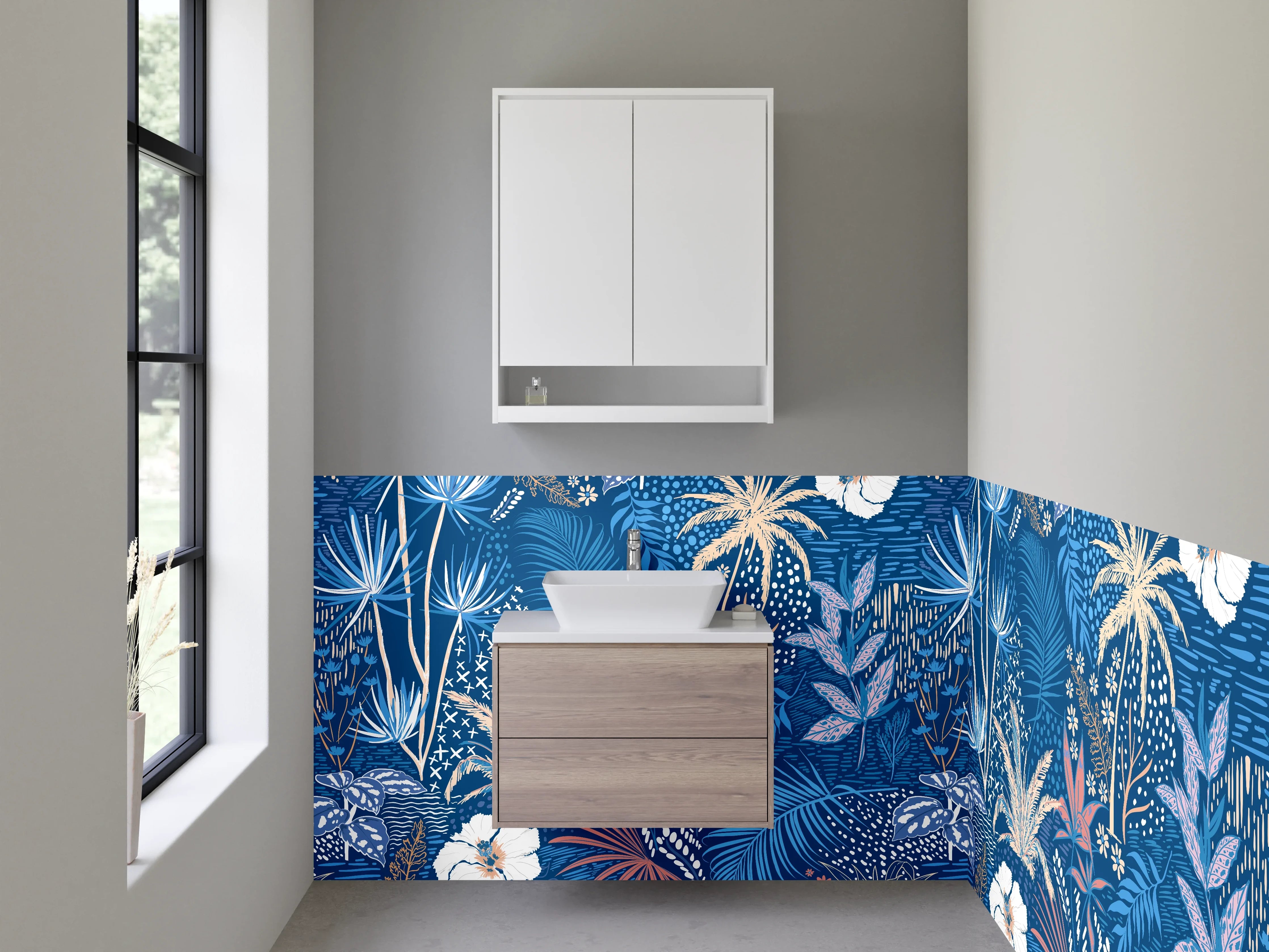 Waschbecken-Rückwand - Exotisches Dschungel-Blumenmuster Blau Beige