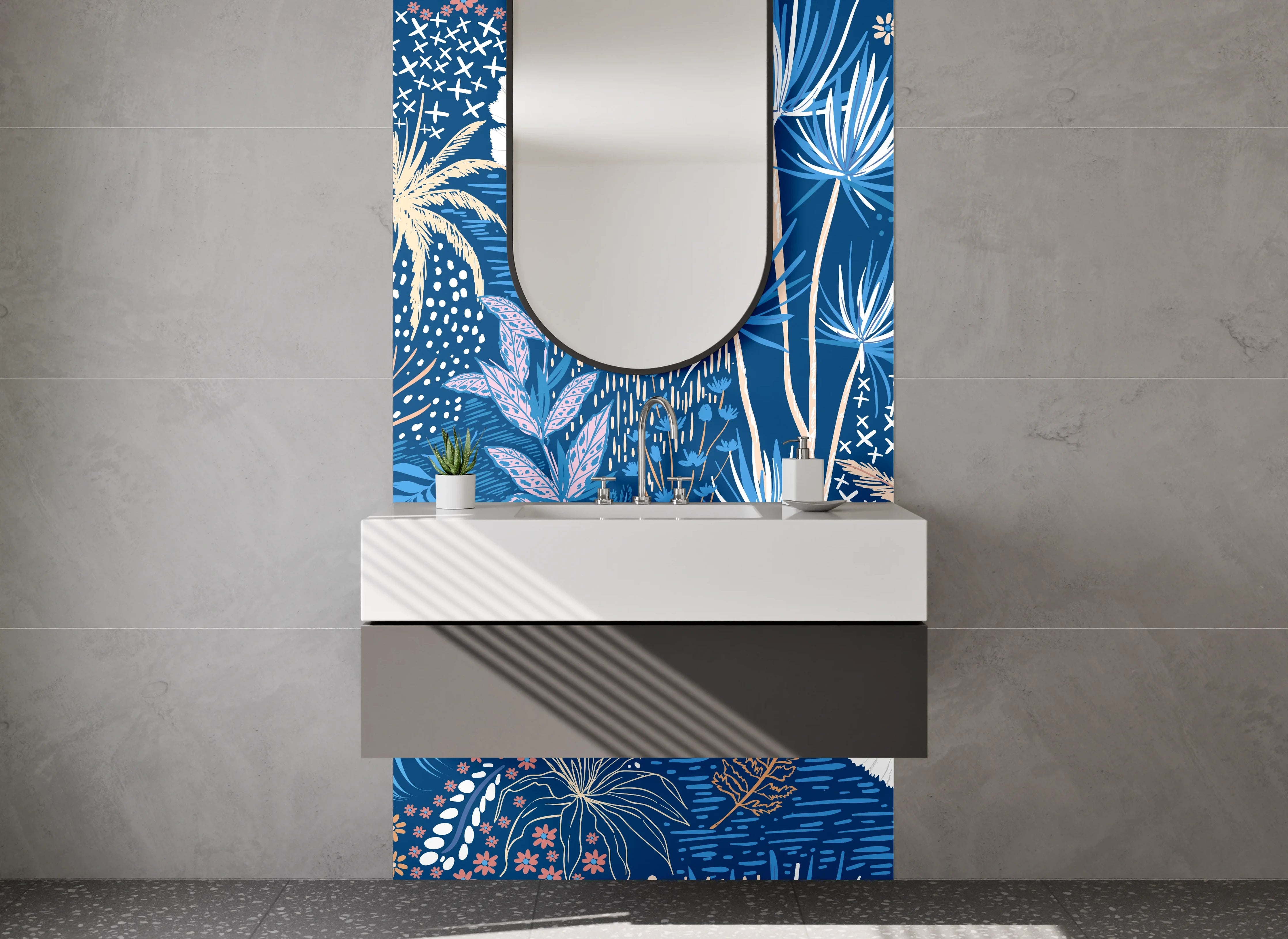 Waschbecken-Rückwand - Exotisches Dschungel-Blumenmuster Blau Beige