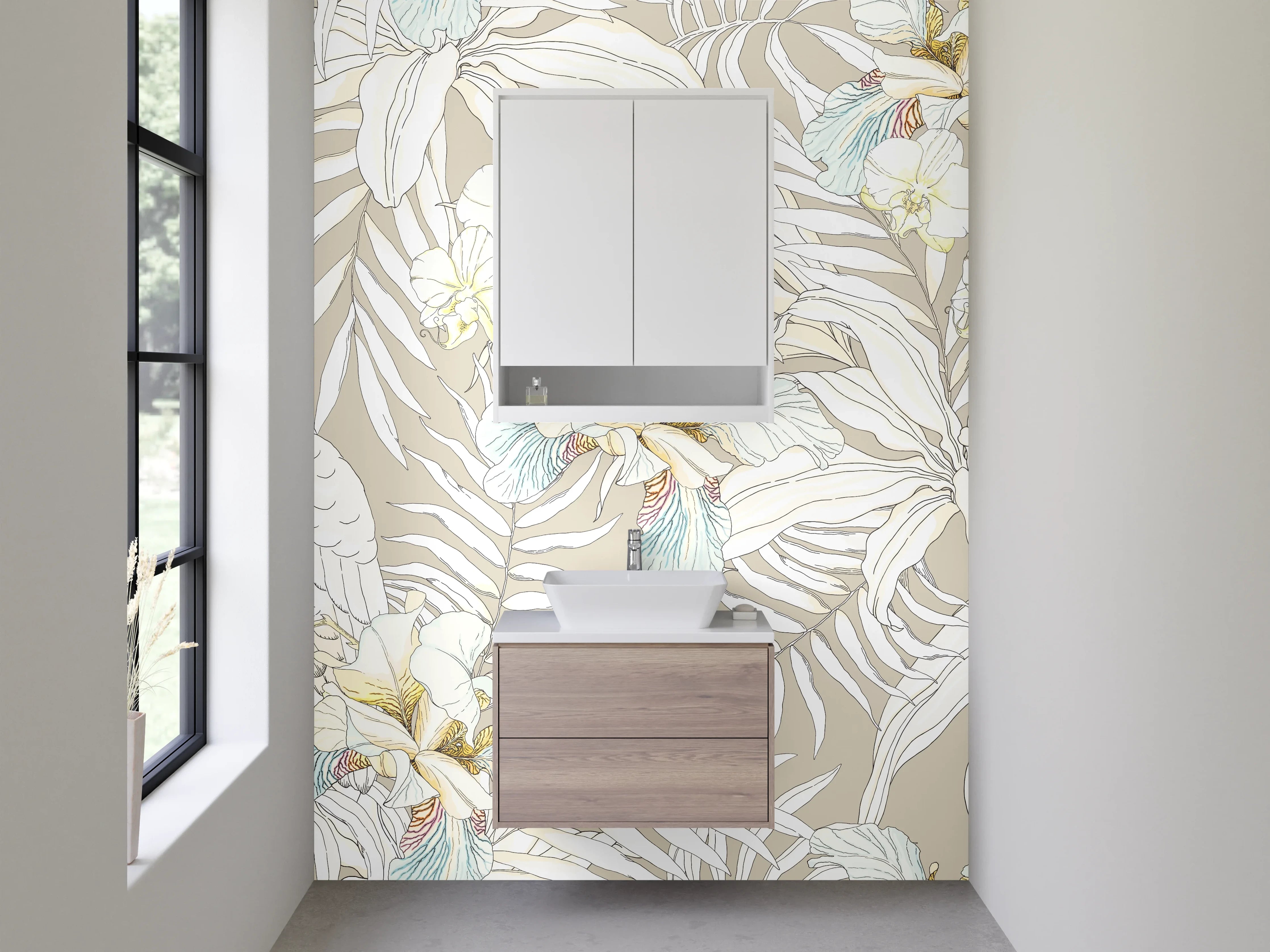 Waschbecken-Rückwand - Exotisches Kakadu-Blumenmuster Beige Weiß