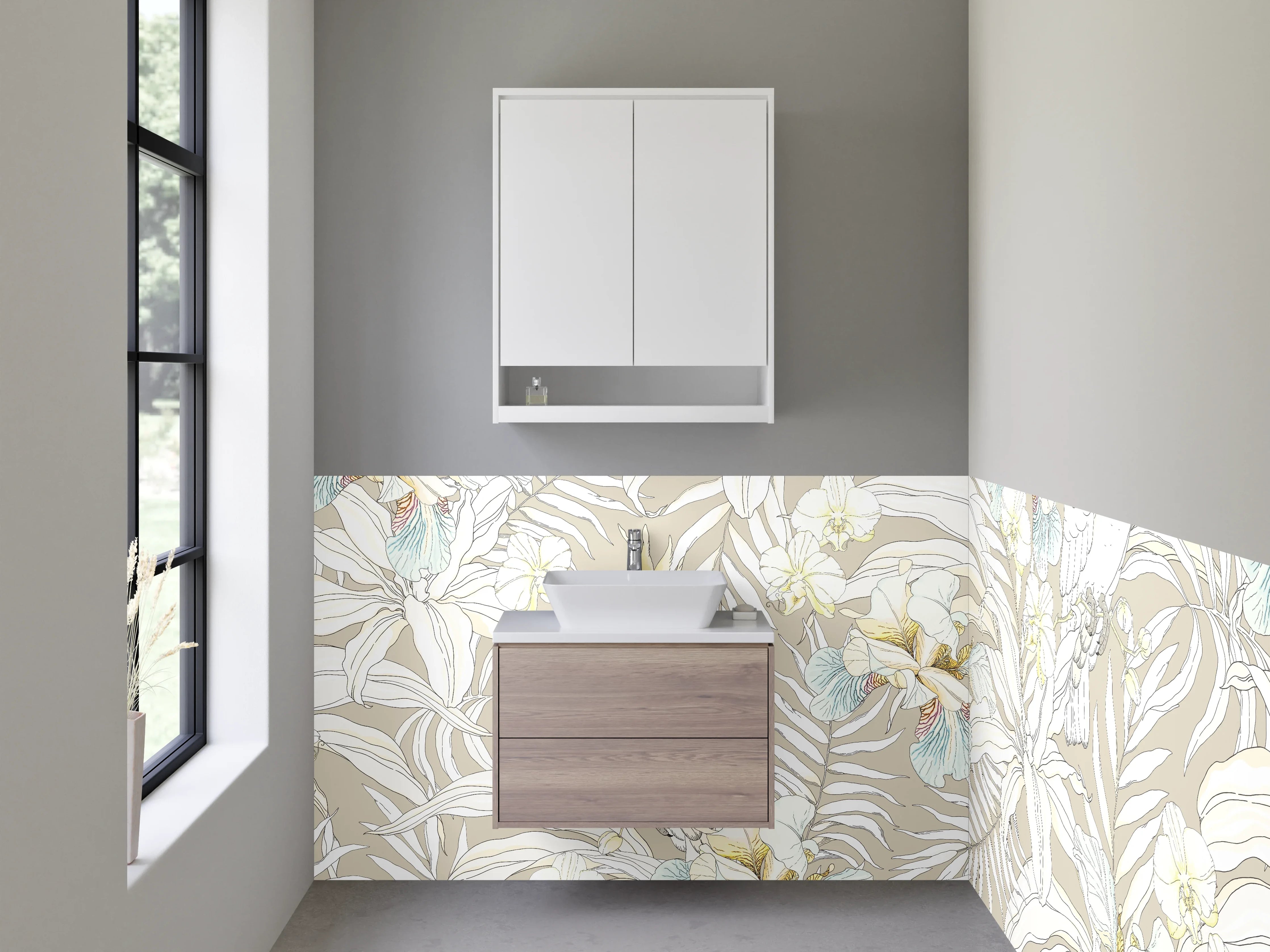 Waschbecken-Rückwand - Exotisches Kakadu-Blumenmuster Beige Weiß