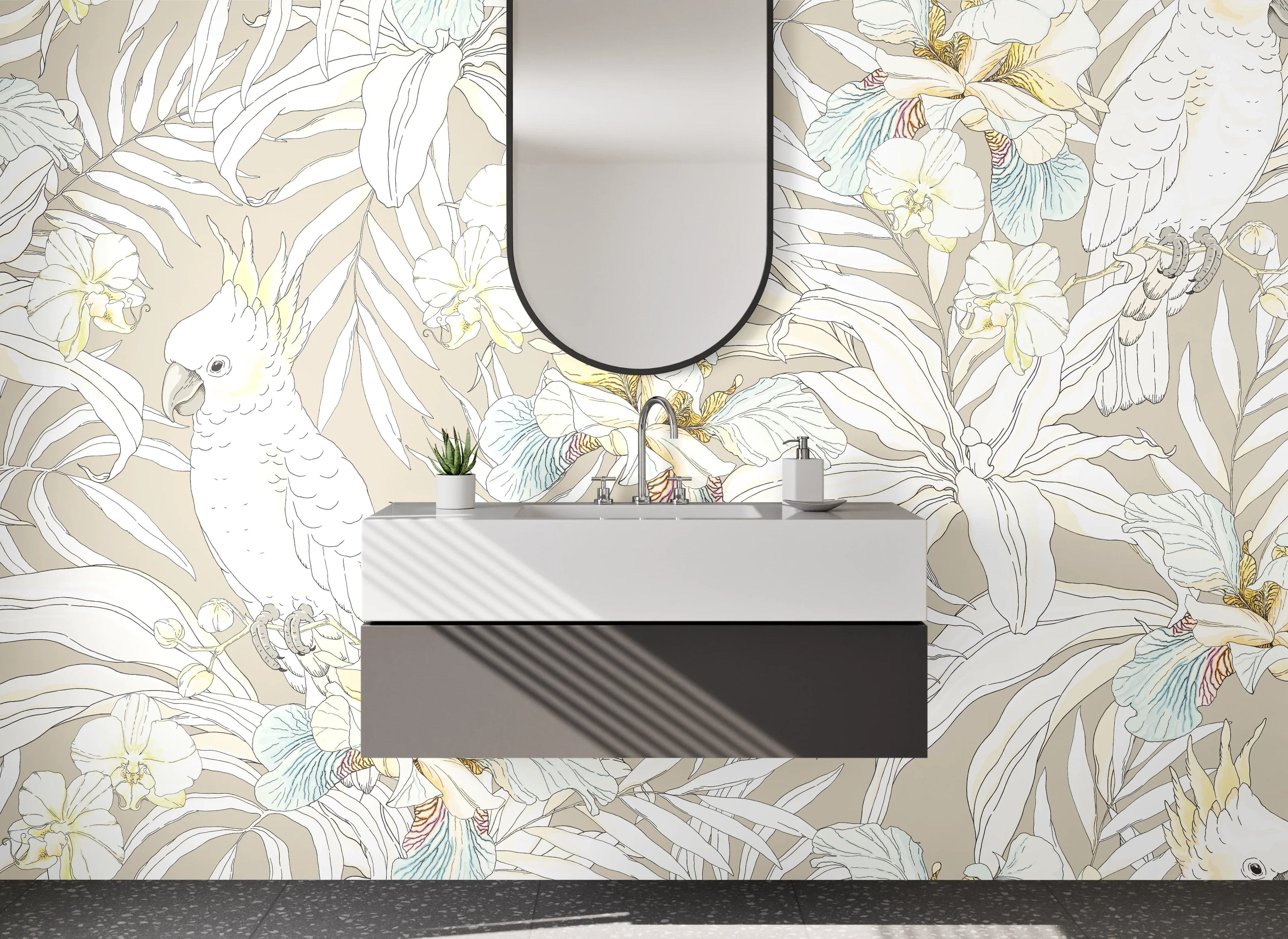 Waschbecken-Rückwand - Exotisches Kakadu-Blumenmuster Beige Weiß