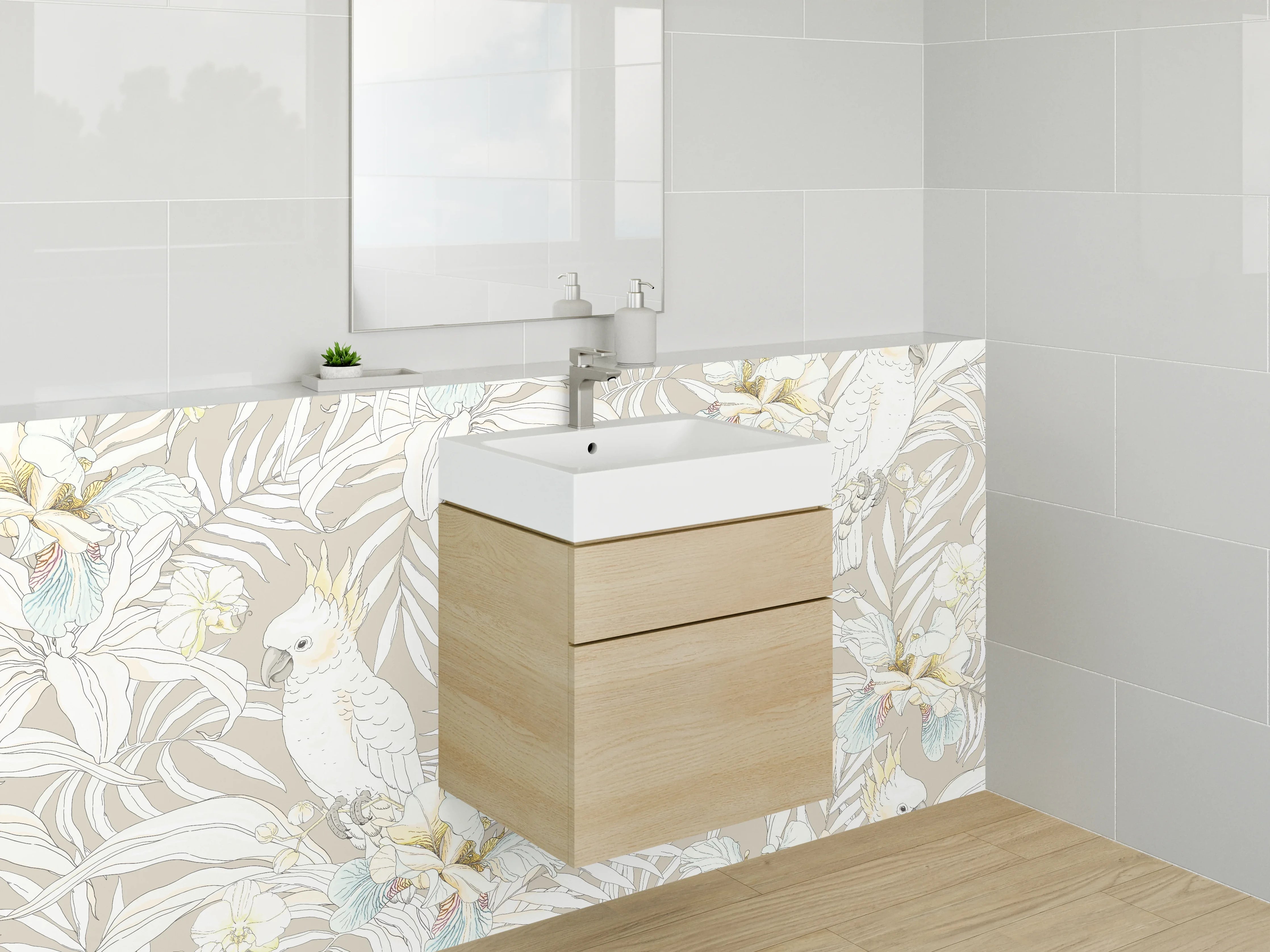 Waschbecken-Rückwand - Exotisches Kakadu-Blumenmuster Beige Weiß