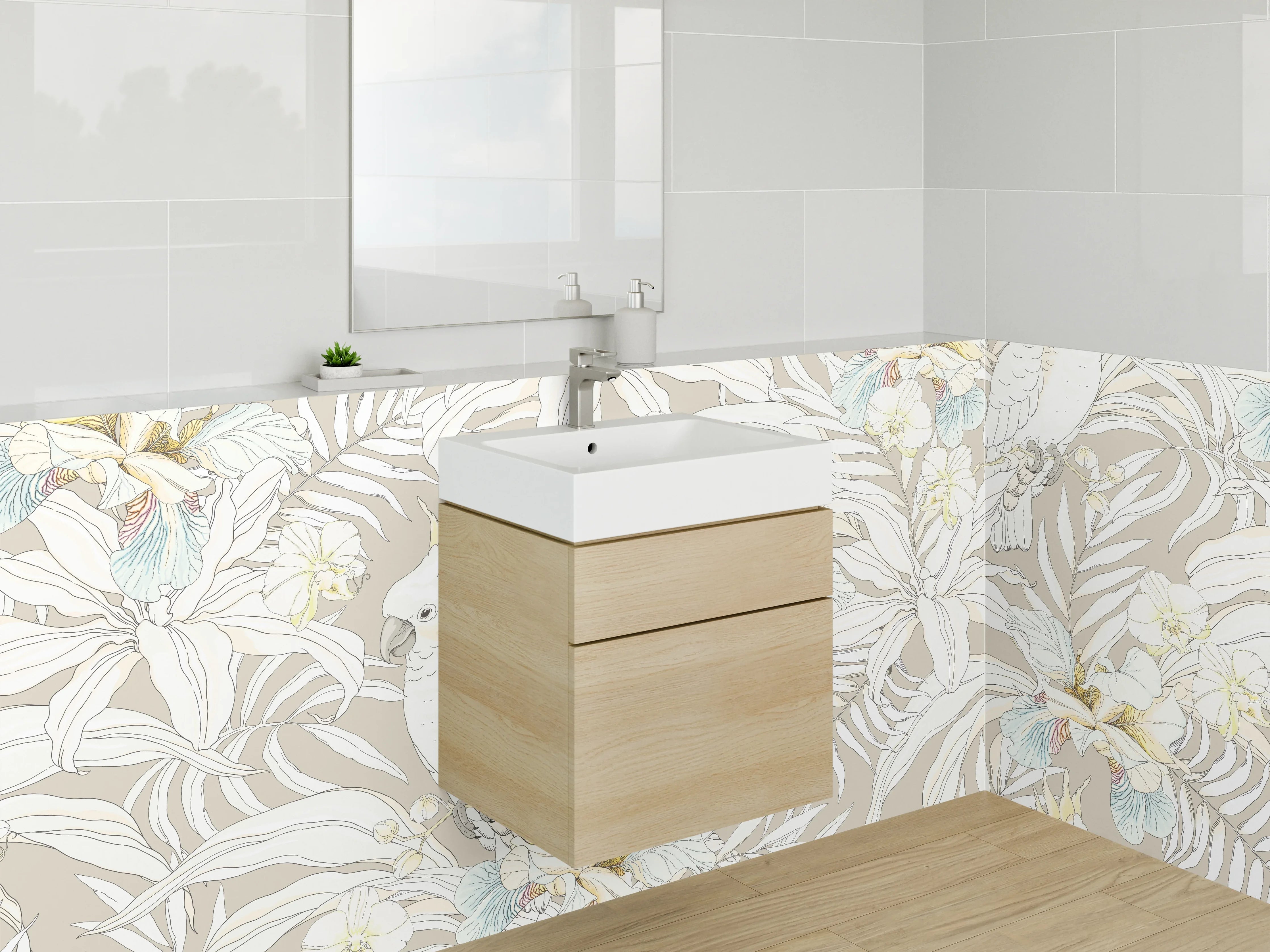 Waschbecken-Rückwand - Exotisches Kakadu-Blumenmuster Beige Weiß