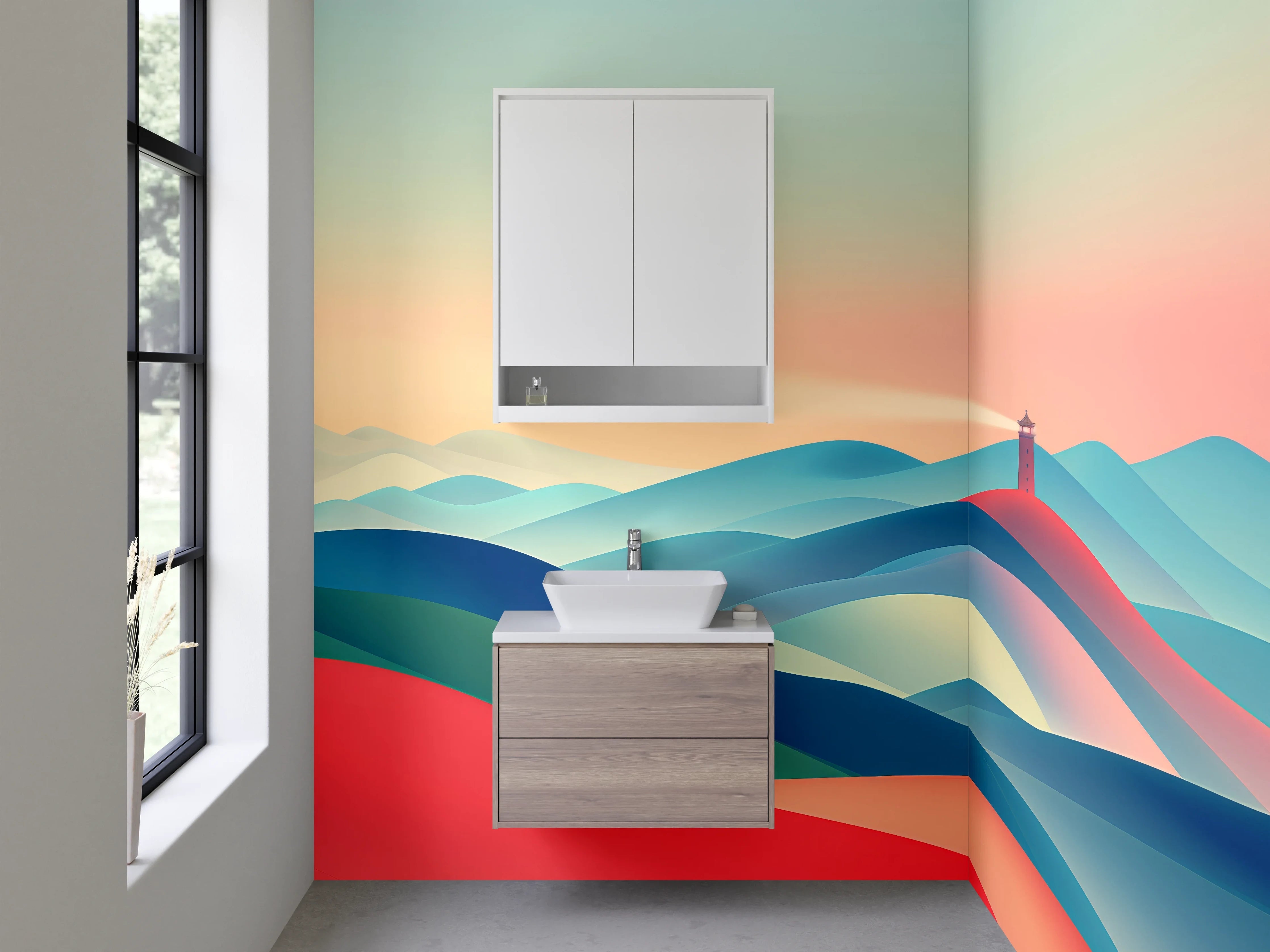 Waschbecken-Rückwand - Farbenfrohes Bergpanorama mit Leuchtturm