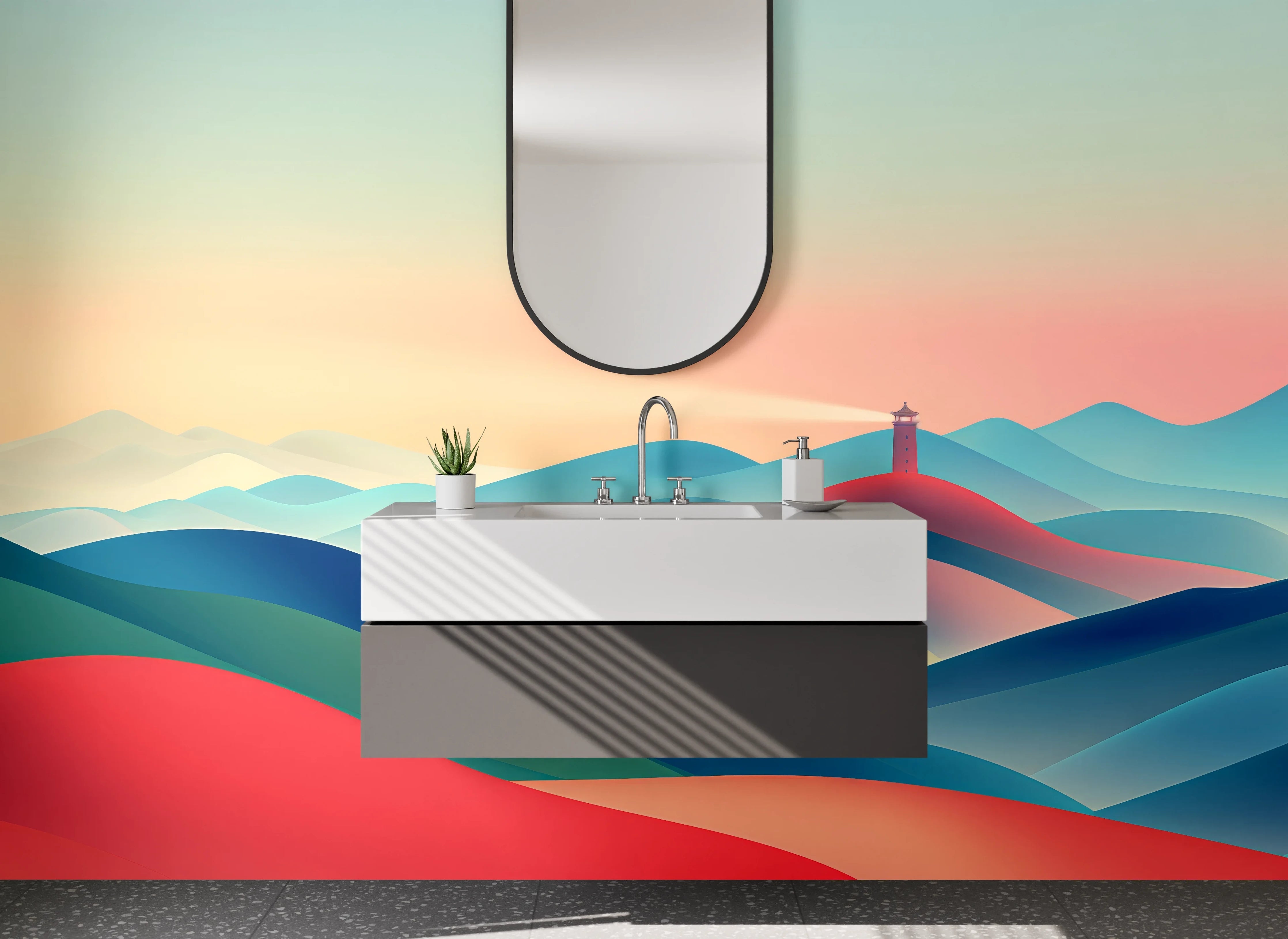 Waschbecken-Rückwand - Farbenfrohes Bergpanorama mit Leuchtturm