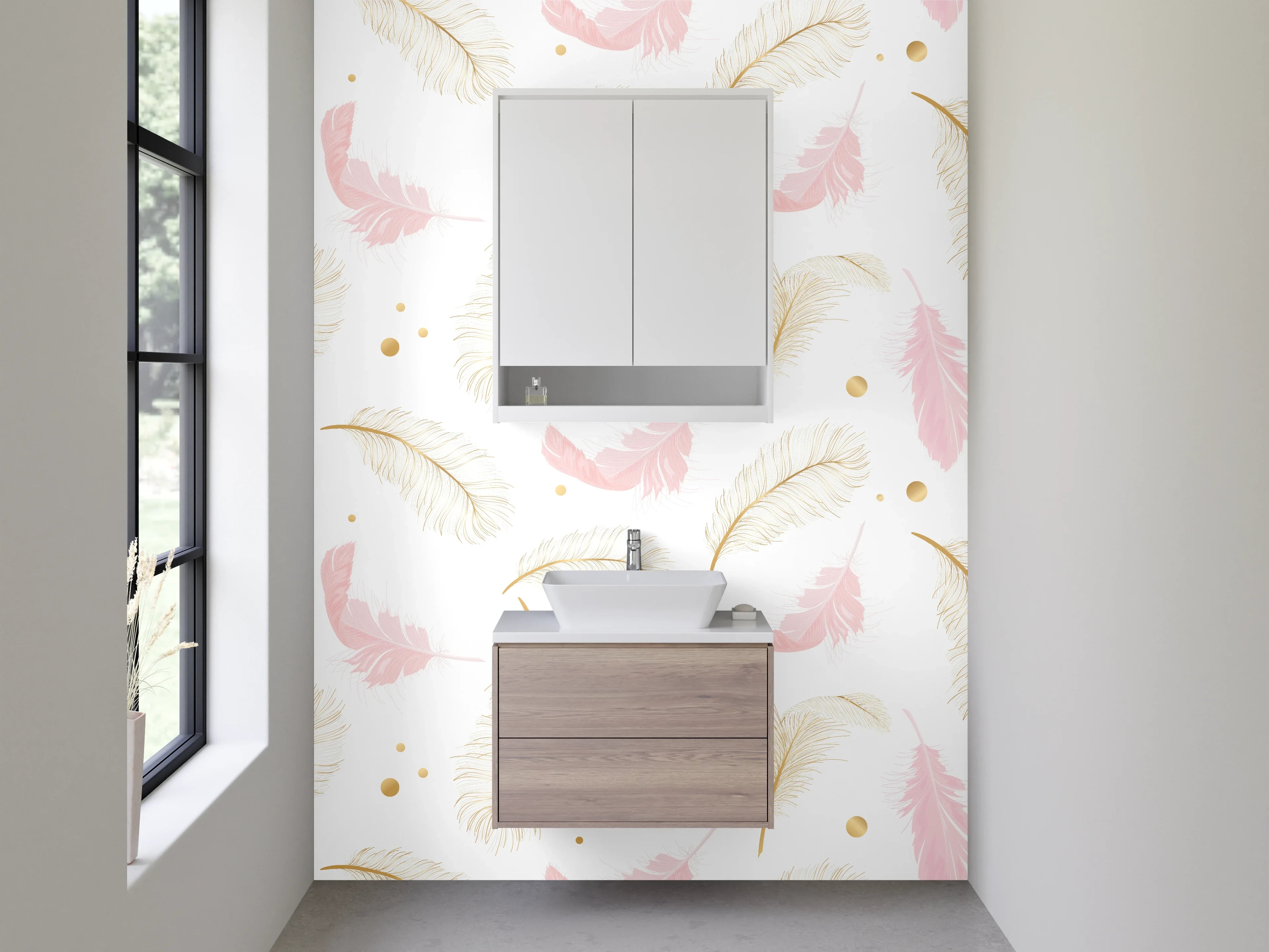 Waschbecken-Rückwand - Feder Aquarell Pastellmuster Gold Rosa
