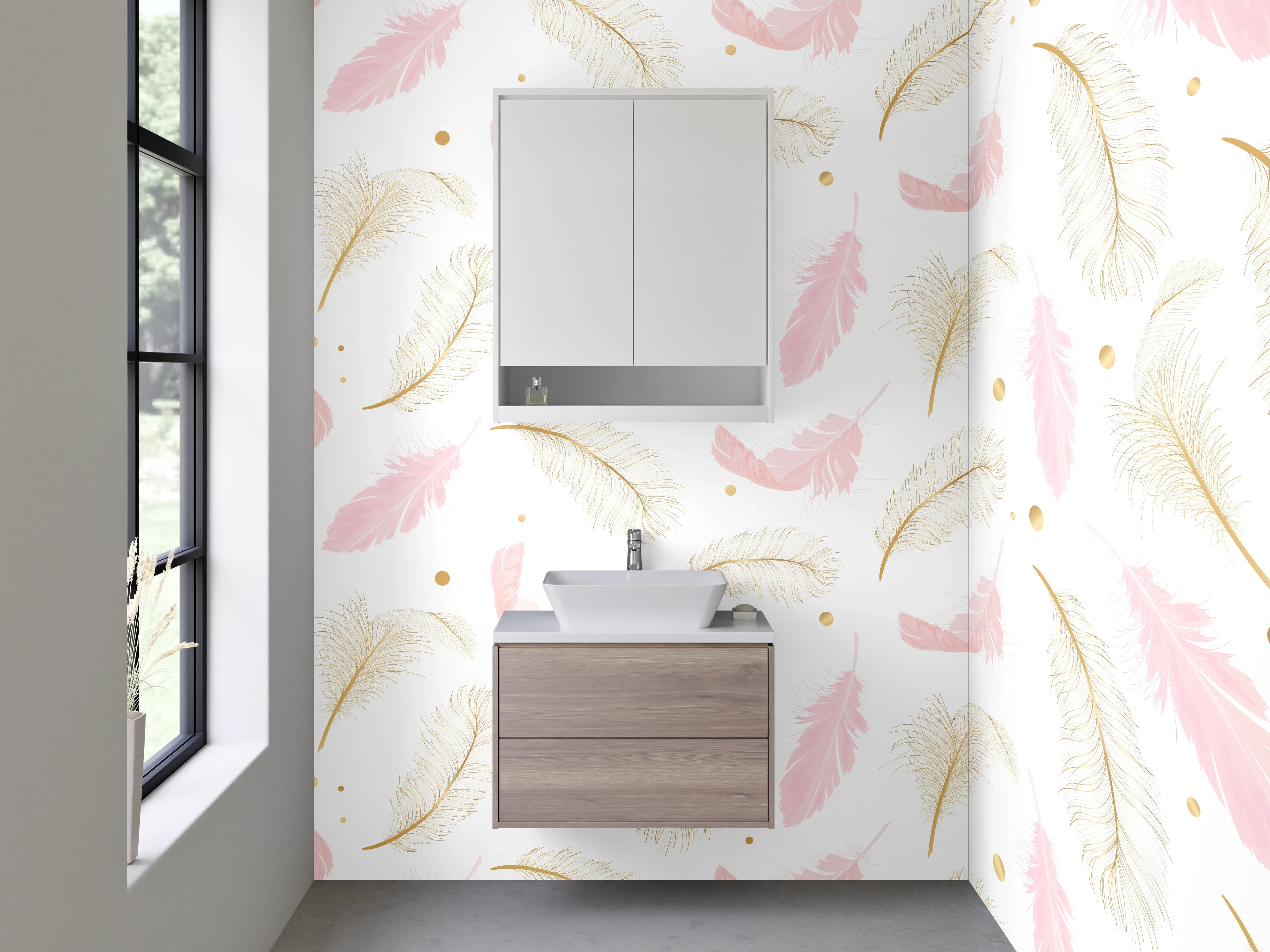 Waschbecken-Rückwand - Feder Aquarell Pastellmuster Gold Rosa