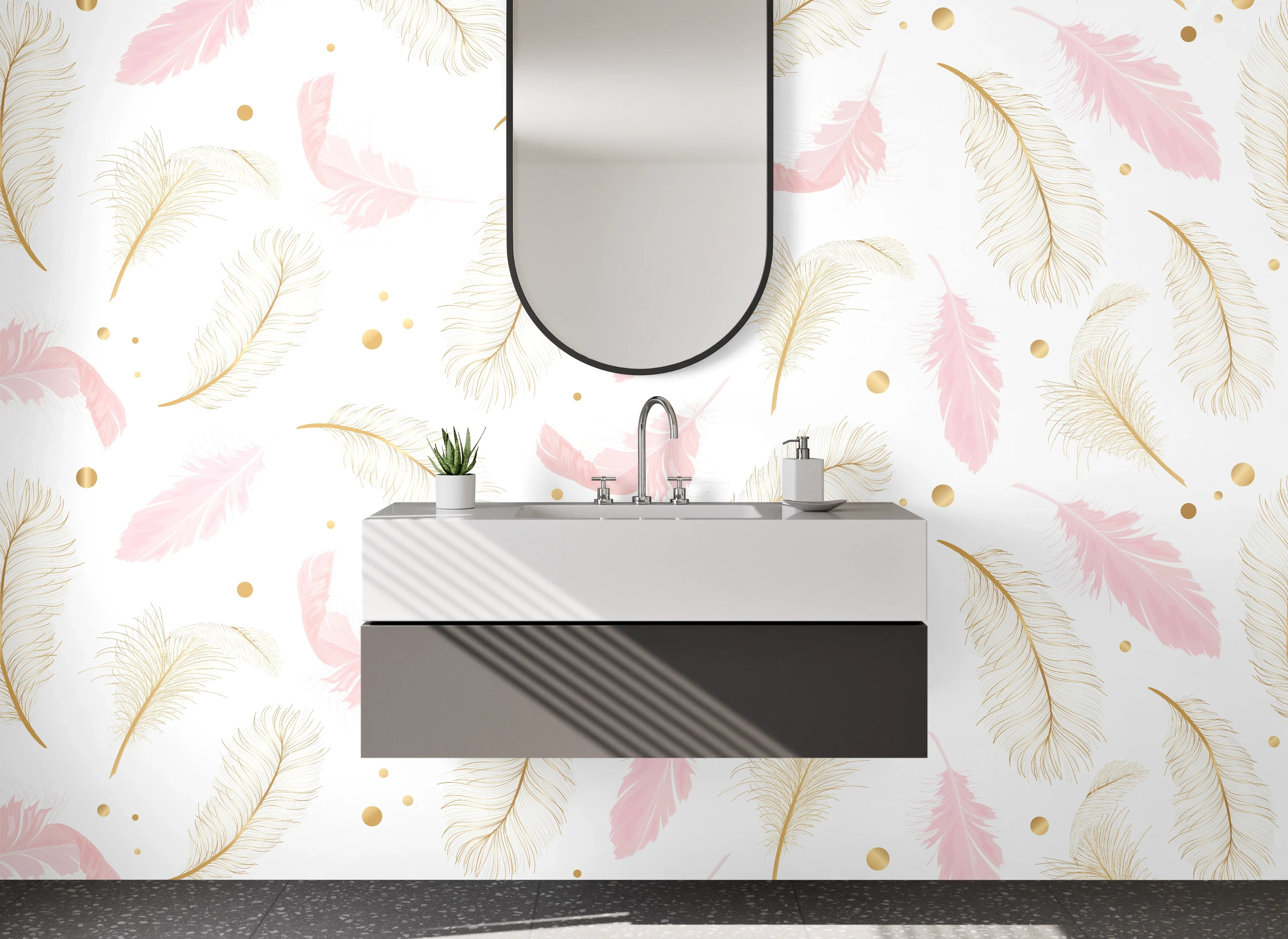 Waschbecken-Rückwand - Feder Aquarell Pastellmuster Gold Rosa