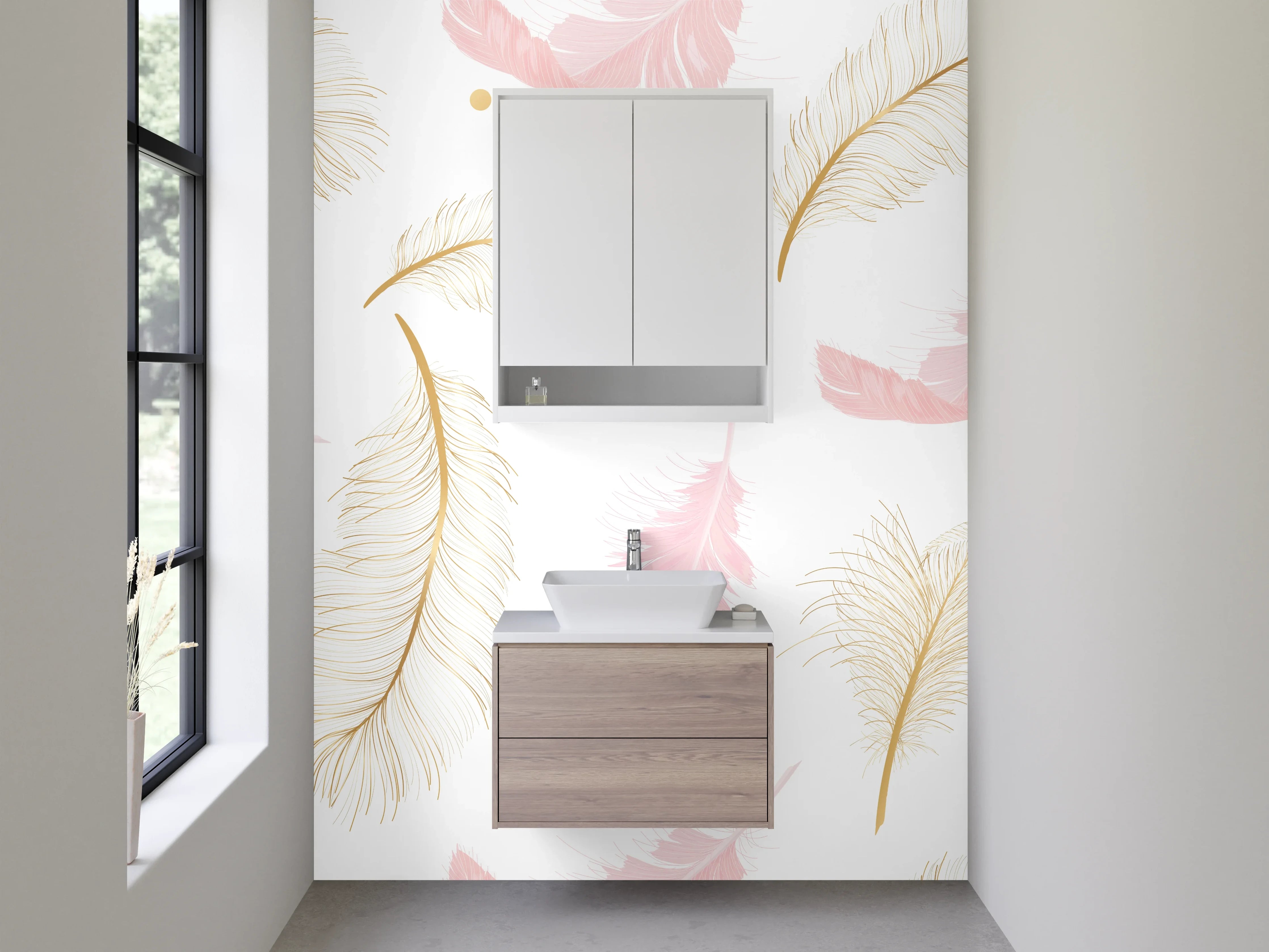 Waschbecken-Rückwand - Feder-Muster in Gold und Rosa