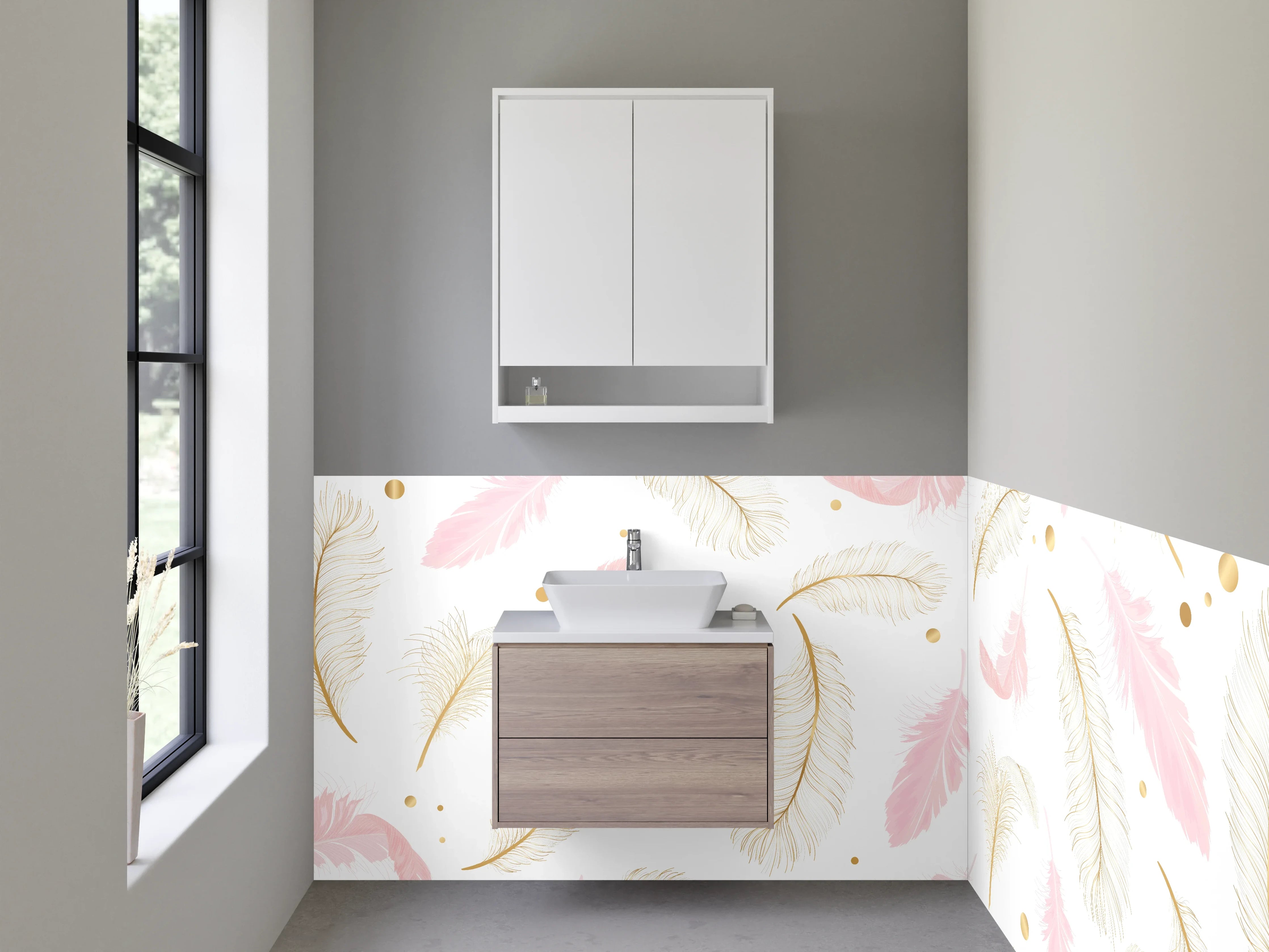 Waschbecken-Rückwand - Feder-Muster in Gold und Rosa