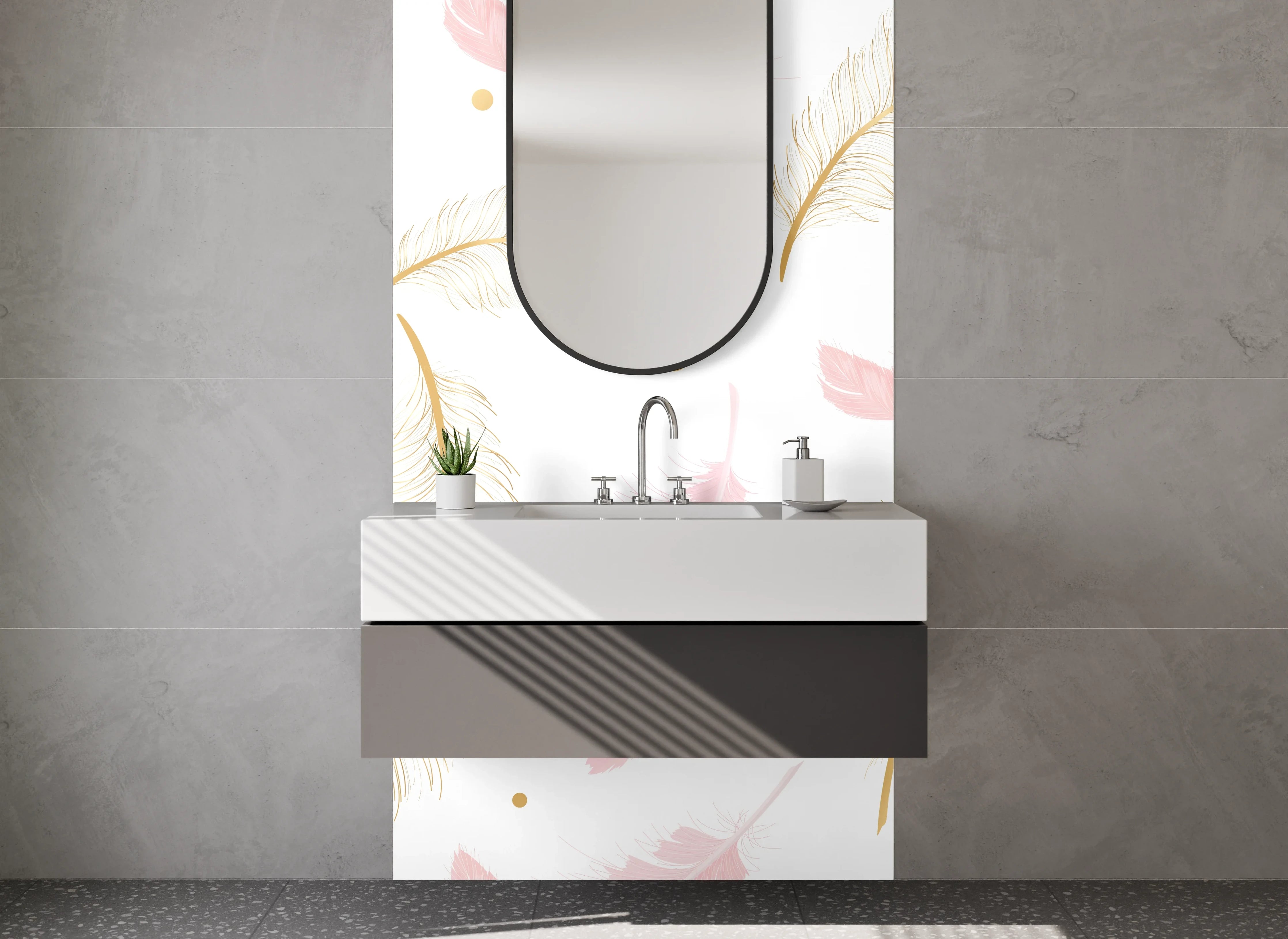 Waschbecken-Rückwand - Feder-Muster in Gold und Rosa