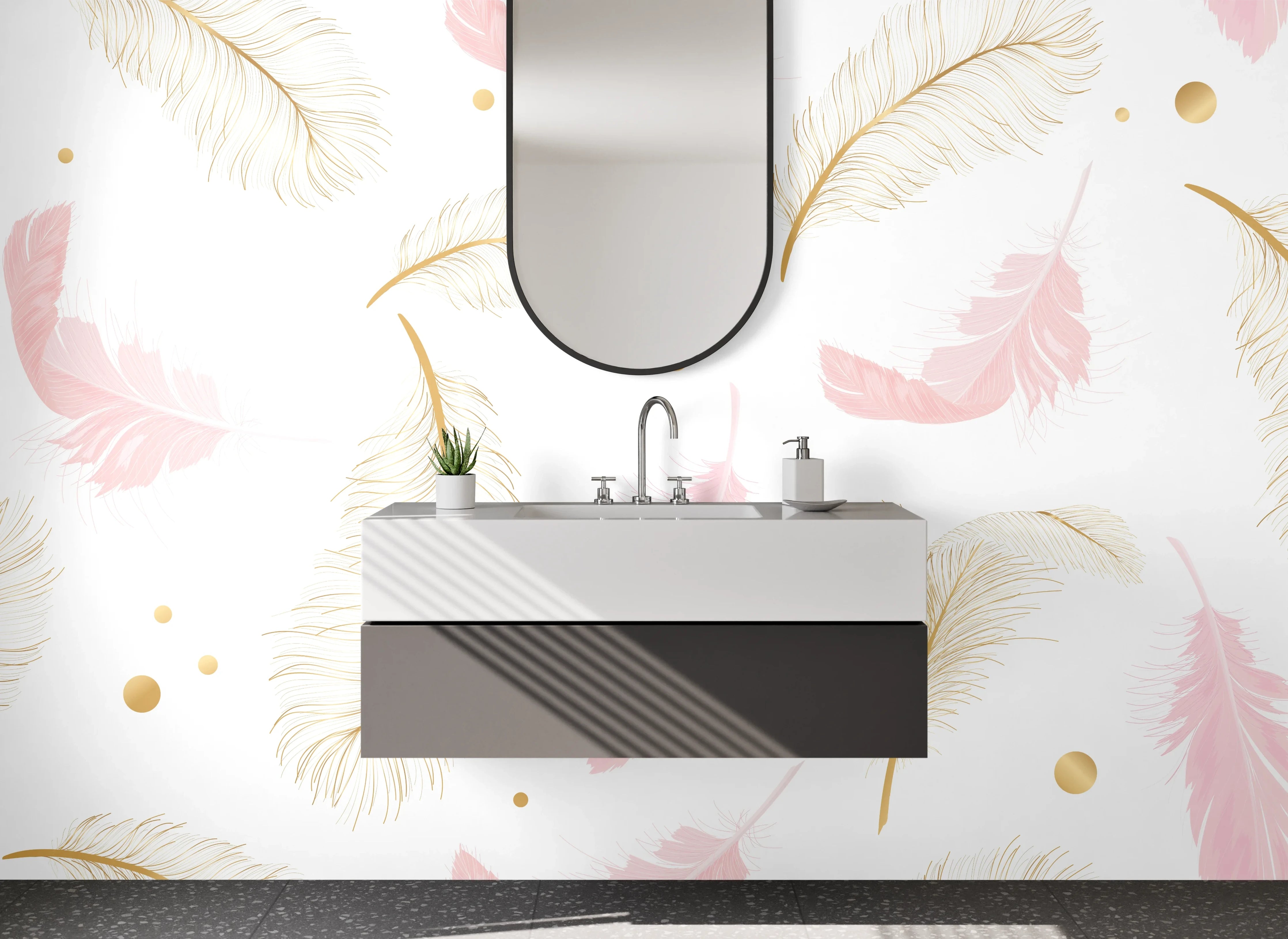Waschbecken-Rückwand - Feder-Muster in Gold und Rosa
