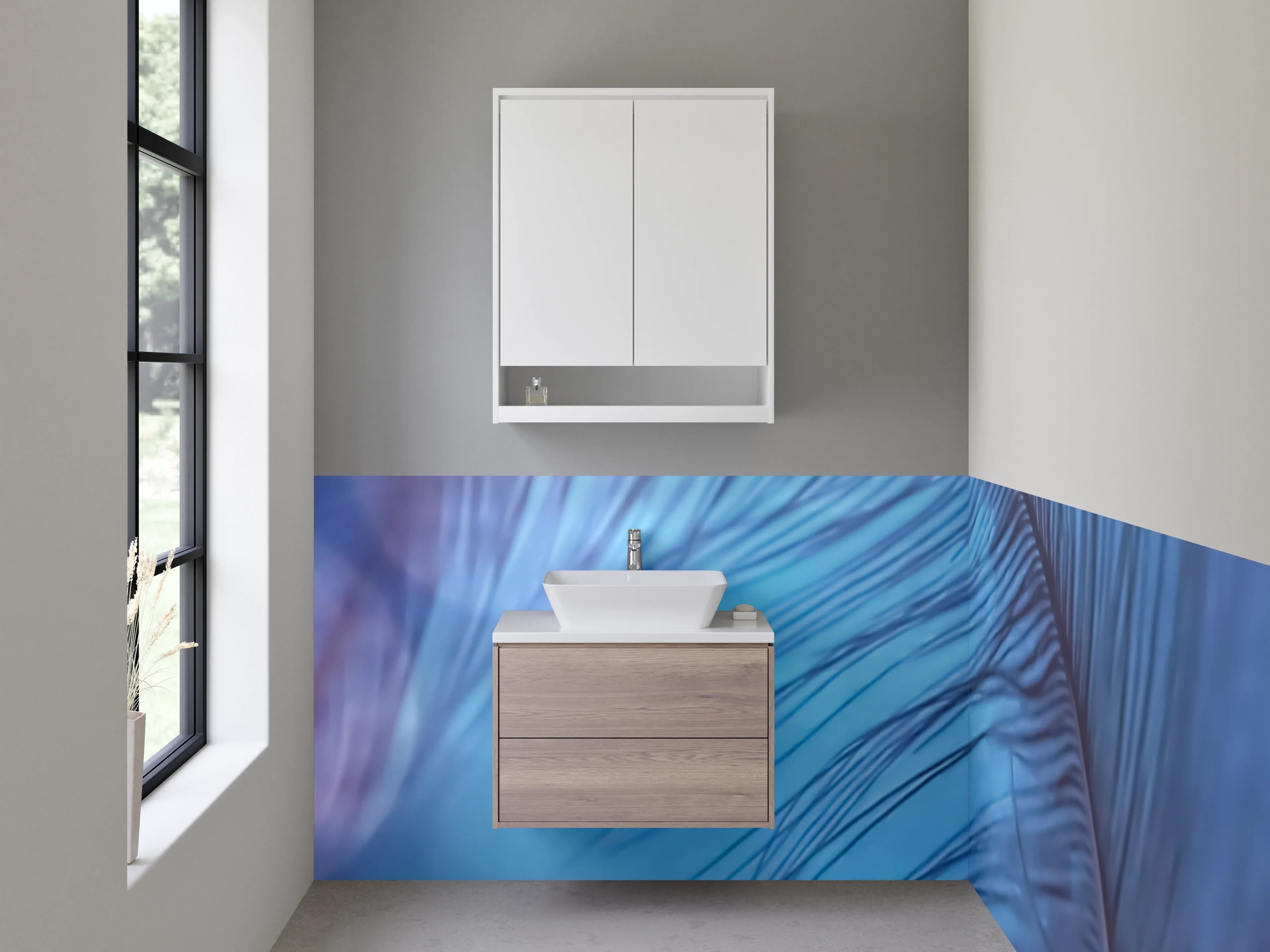 Waschbecken-Rückwand - Feder in Blau – Sanfte Abstraktion