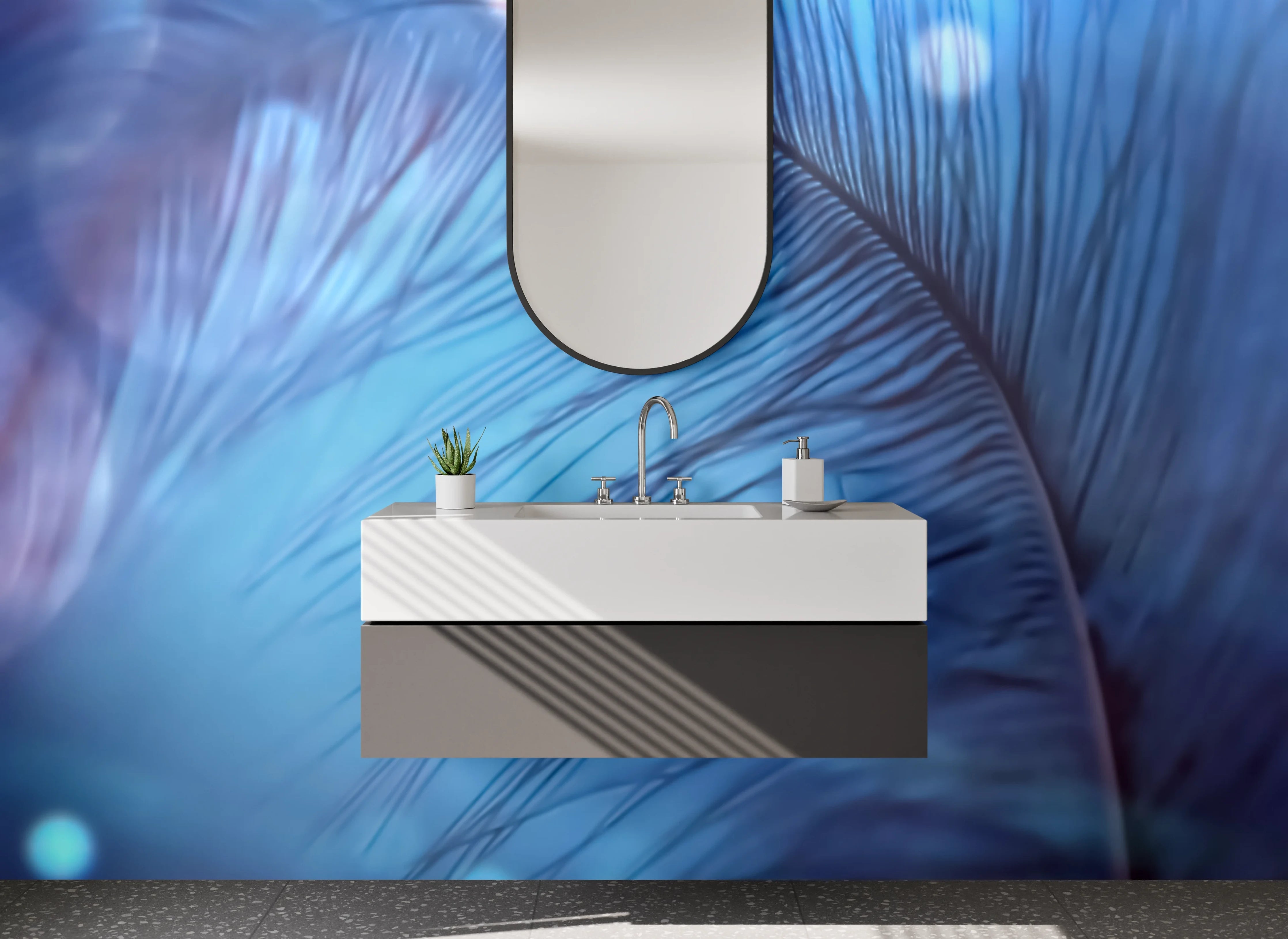 Waschbecken-Rückwand - Feder in Blau – Sanfte Abstraktion