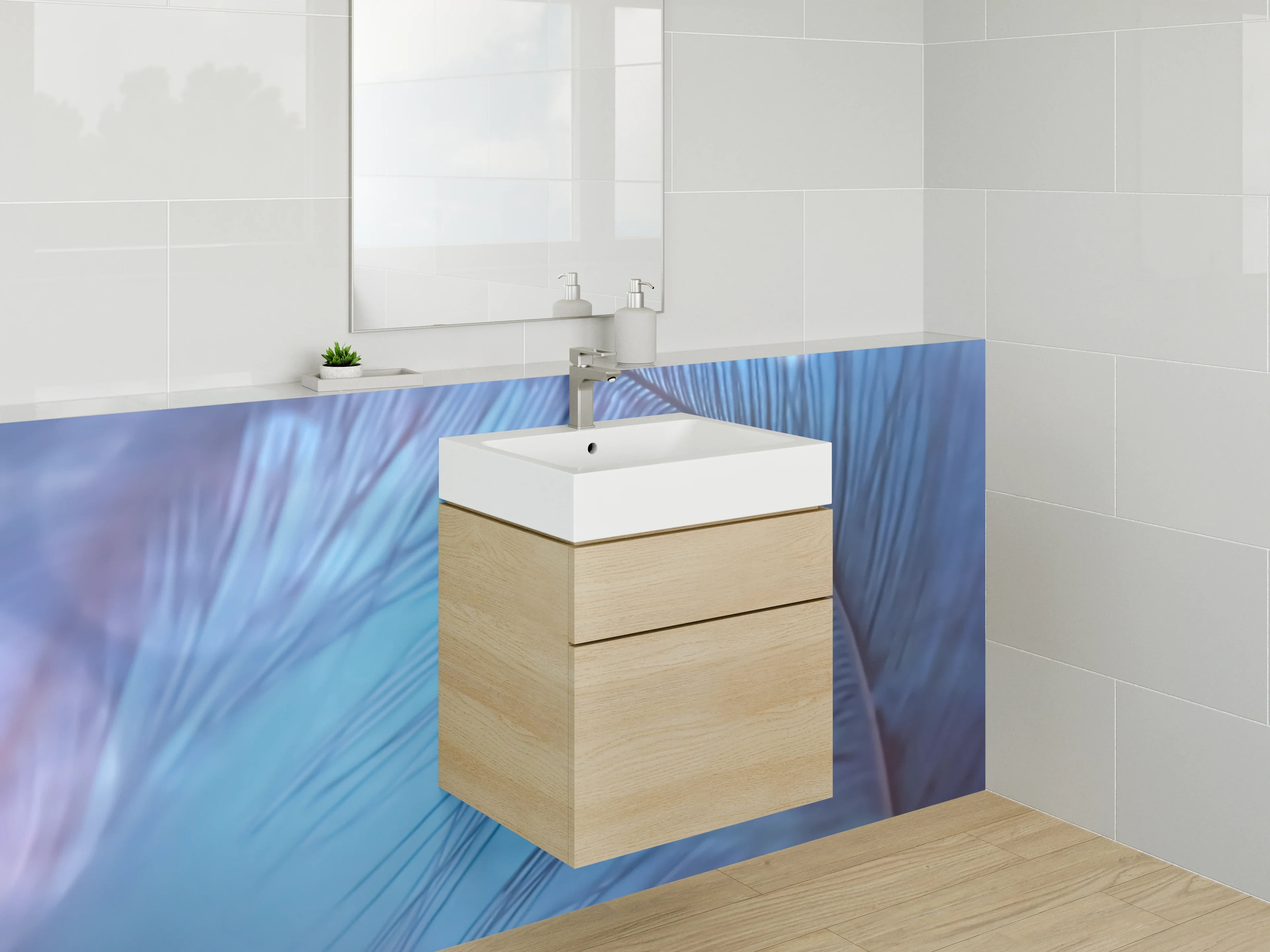 Waschbecken-Rückwand - Feder in Blau – Sanfte Abstraktion