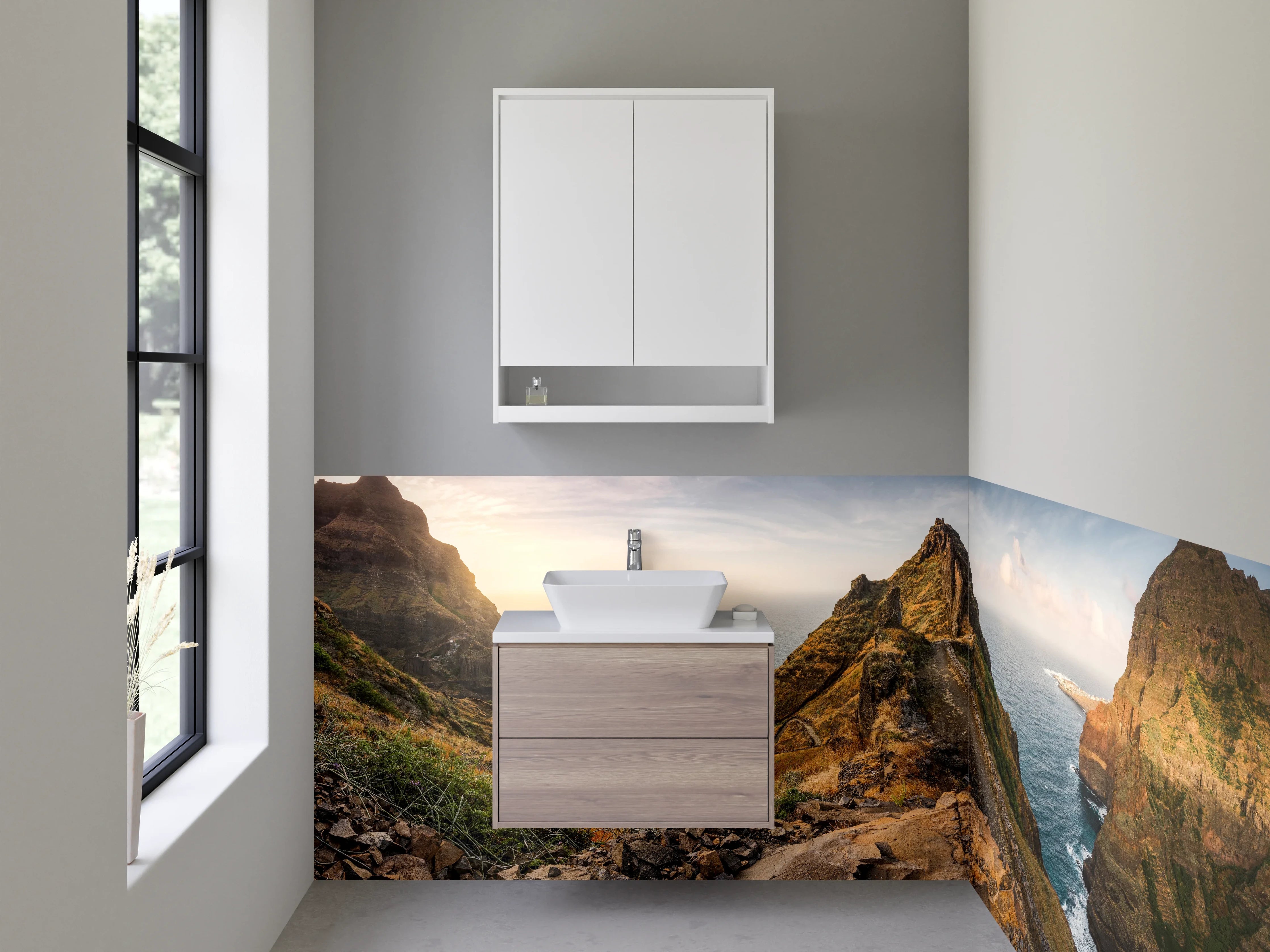 Waschbecken-Rückwand - Felsige Küstenlandschaft bei Sonnenuntergang