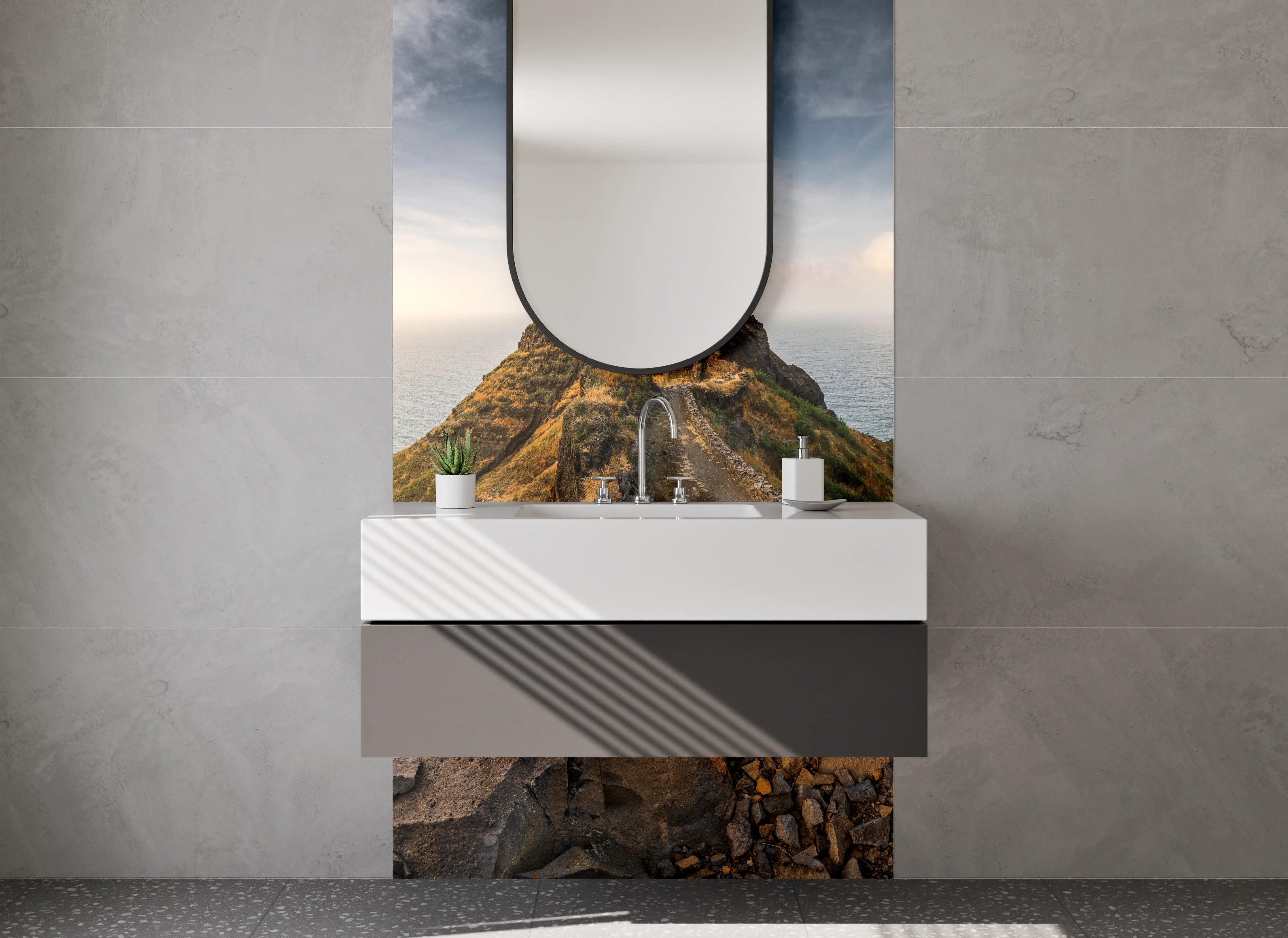 Waschbecken-Rückwand - Felsige Küstenlandschaft bei Sonnenuntergang