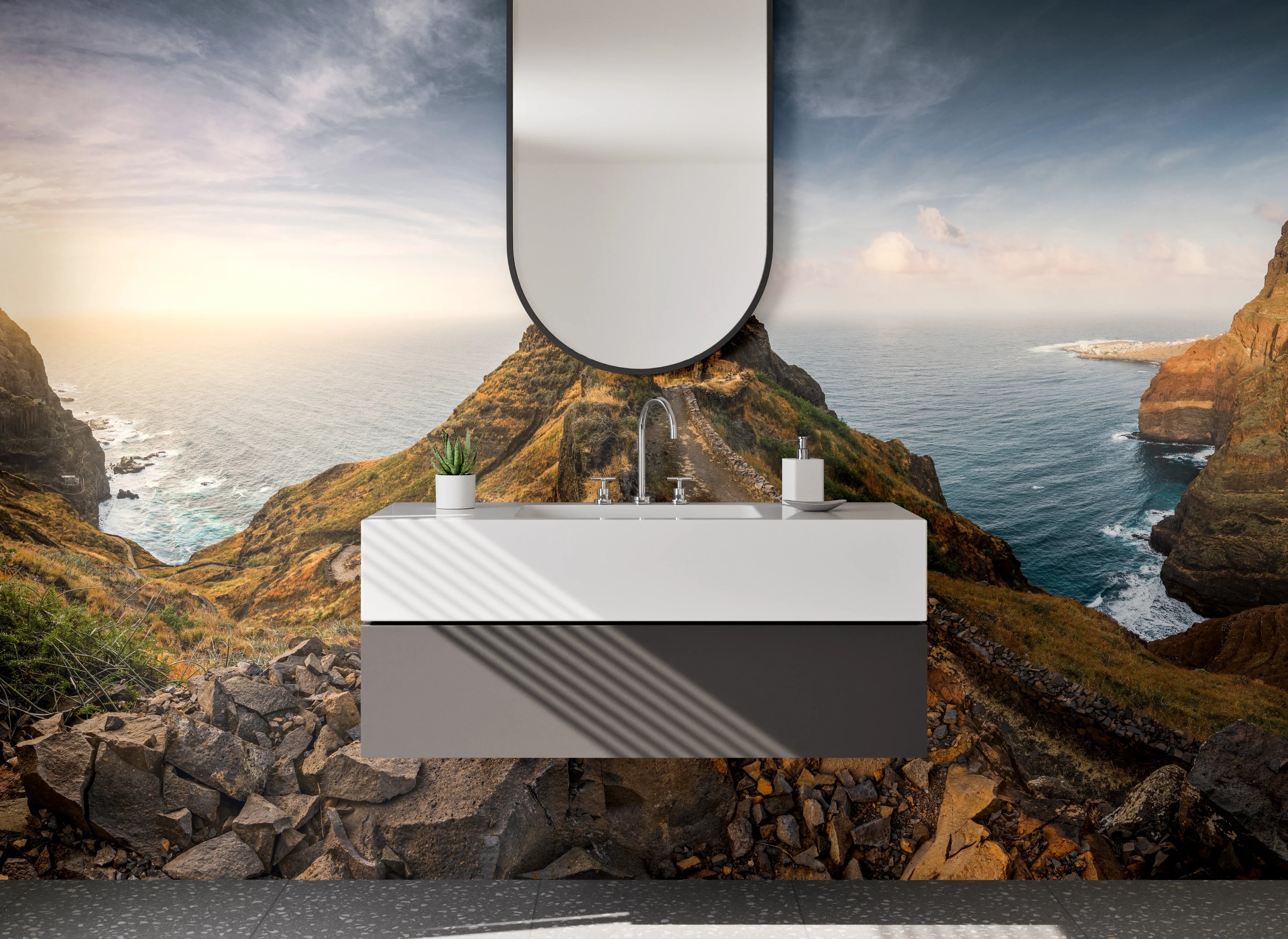 Waschbecken-Rückwand - Felsige Küstenlandschaft bei Sonnenuntergang