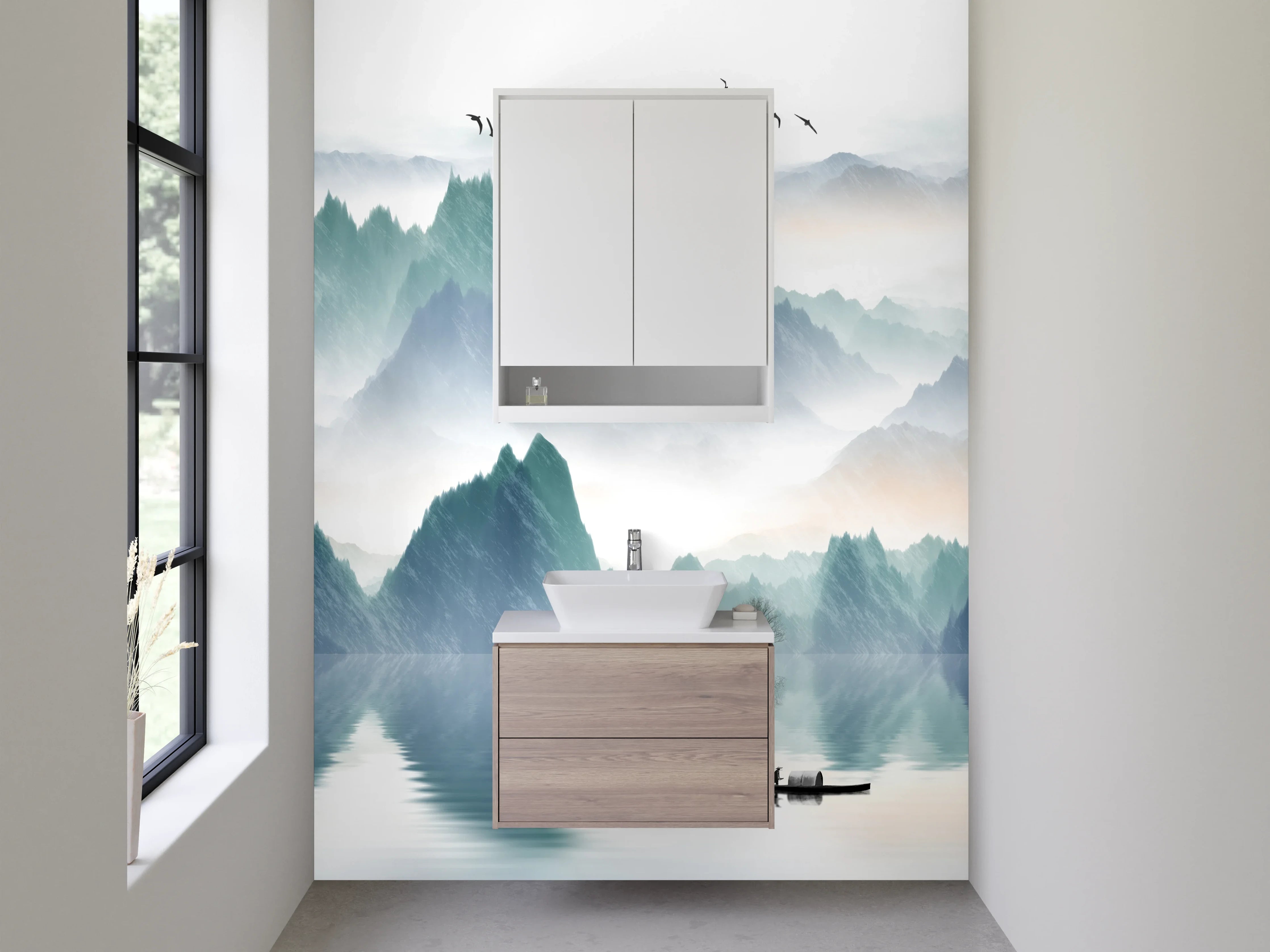 Waschbecken-Rückwand - Fernöstliche Kunst Berge See Aquarell