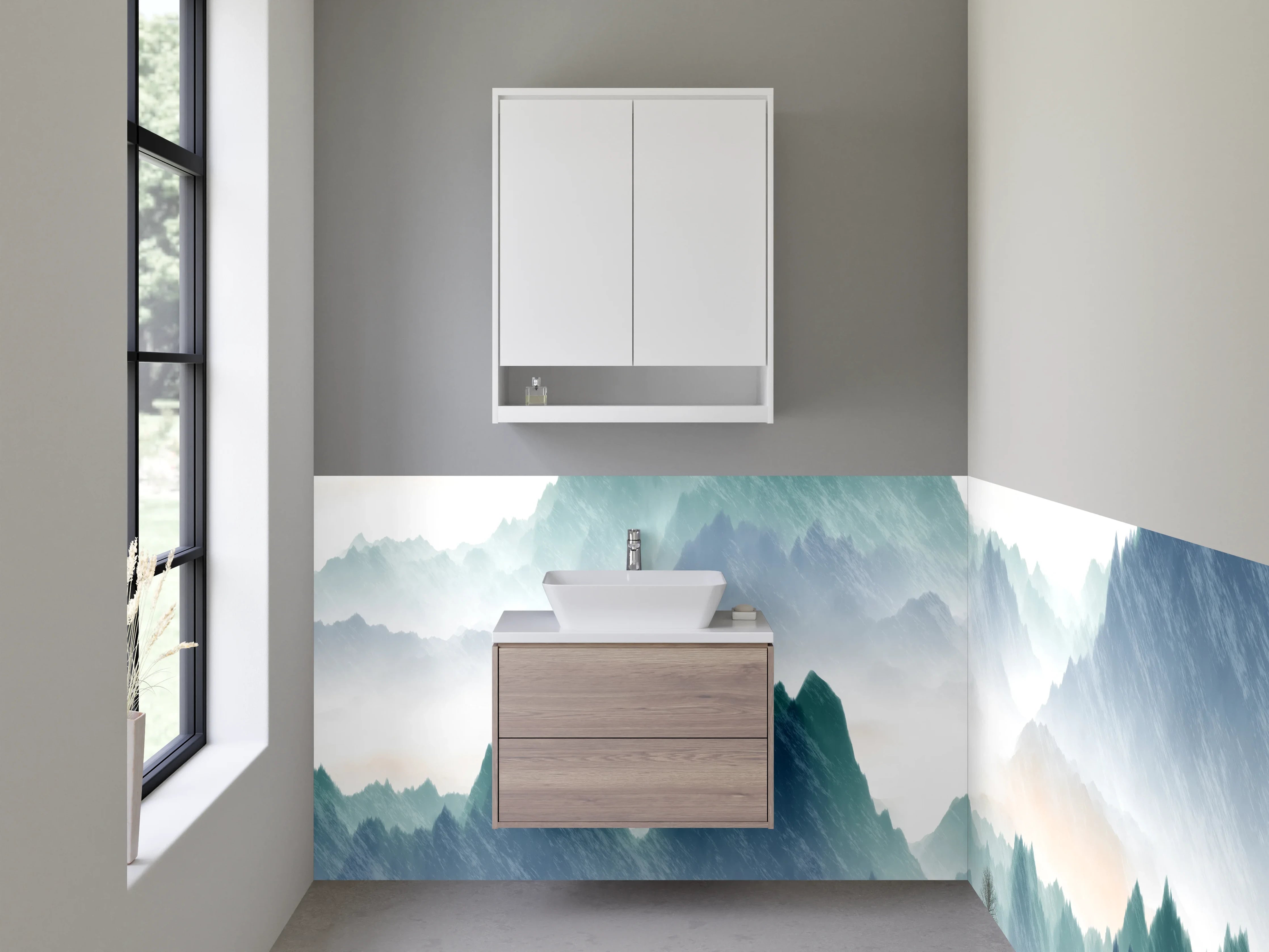 Waschbecken-Rückwand - Fernöstliche Kunst Berge See Aquarell